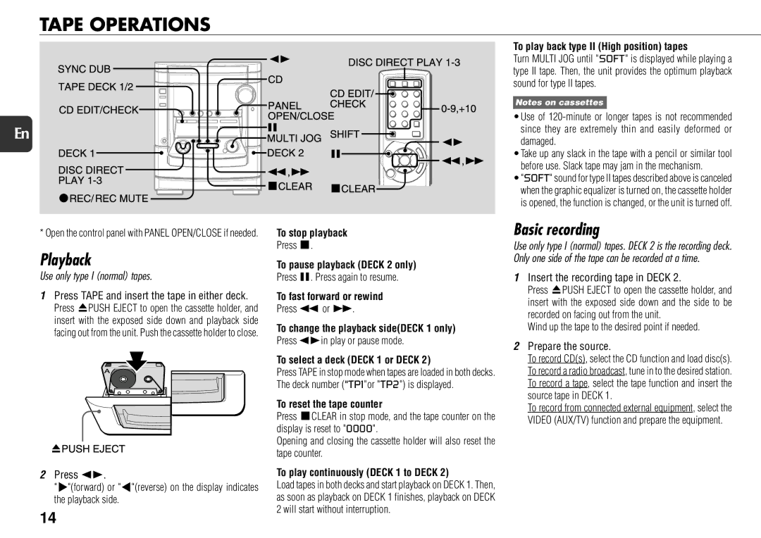 Aiwa NSX-AJ800 manual Tape Operations, Basic recording, Use only type I normal tapes 