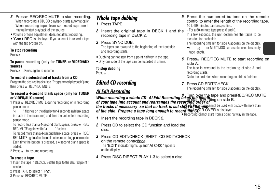 Aiwa NSX-AJ800 manual Whole tape dubbing, Edited CD recording 