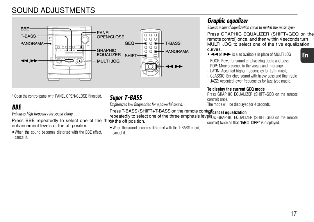 Aiwa NSX-AJ800 manual Sound Adjustments, Bbe, Super T-BASS, Graphic equalizer 