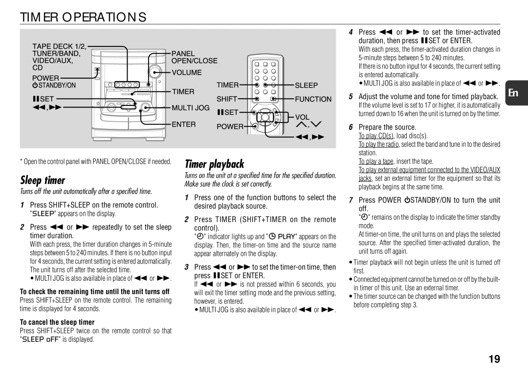 Aiwa NSX-AJ800 manual Timer Operations, Sleep timer, Timer playback, To cancel the sleep timer 