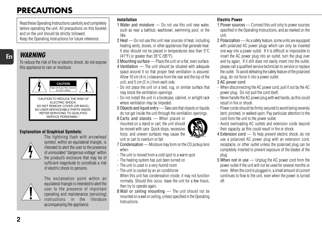 Aiwa NSX-AJ800 manual Precautions, En Warning, Explanation of Graphical Symbols, Installation, Electric Power 