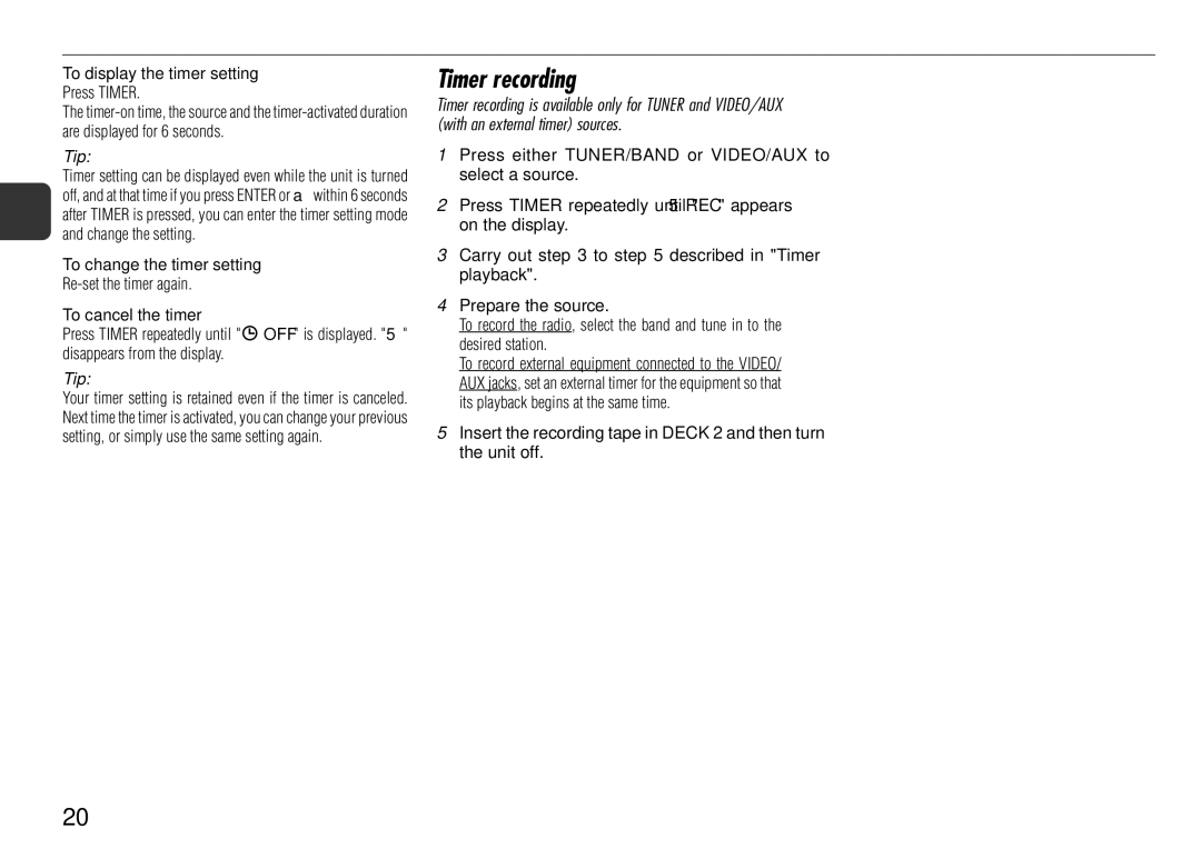 Aiwa NSX-AJ800 manual Timer recording, To display the timer setting, To change the timer setting, To cancel the timer 