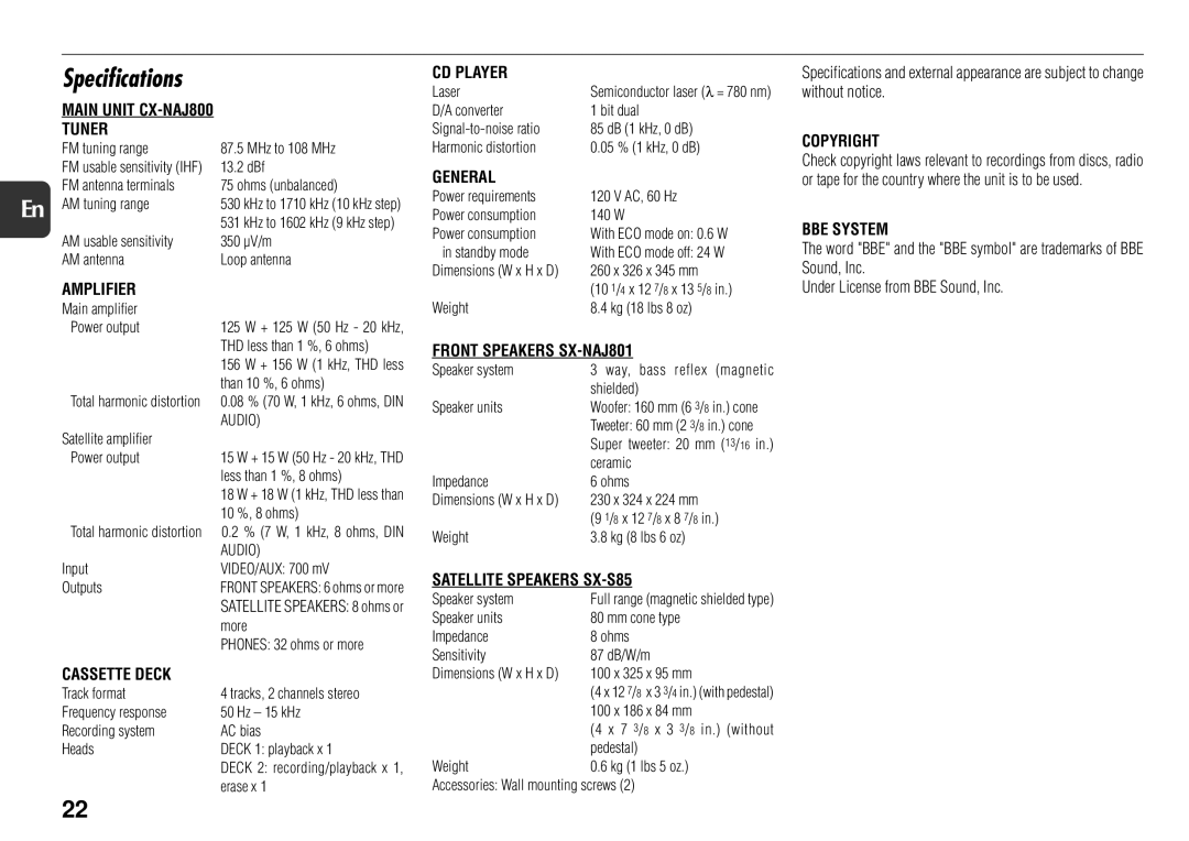 Aiwa NSX-AJ800 manual Specifications 