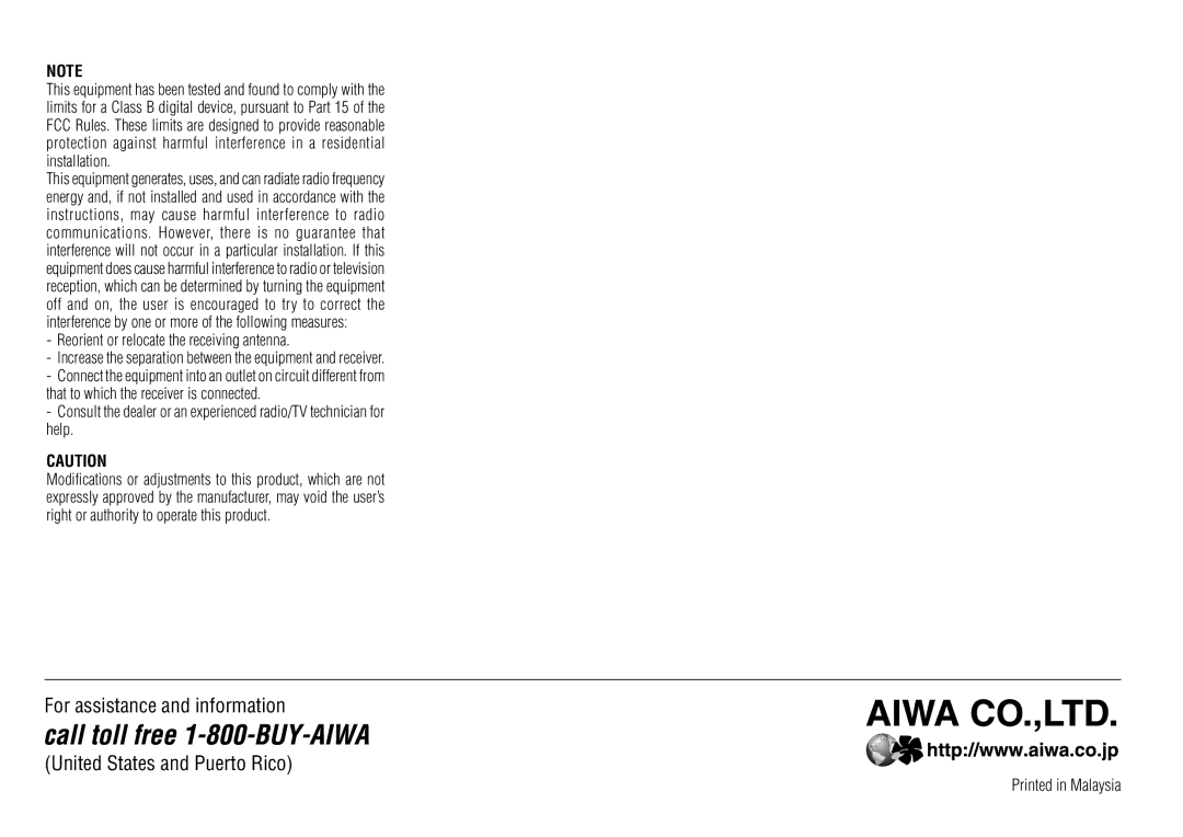 Aiwa NSX-AJ800 manual For assistance and information United States and Puerto Rico 