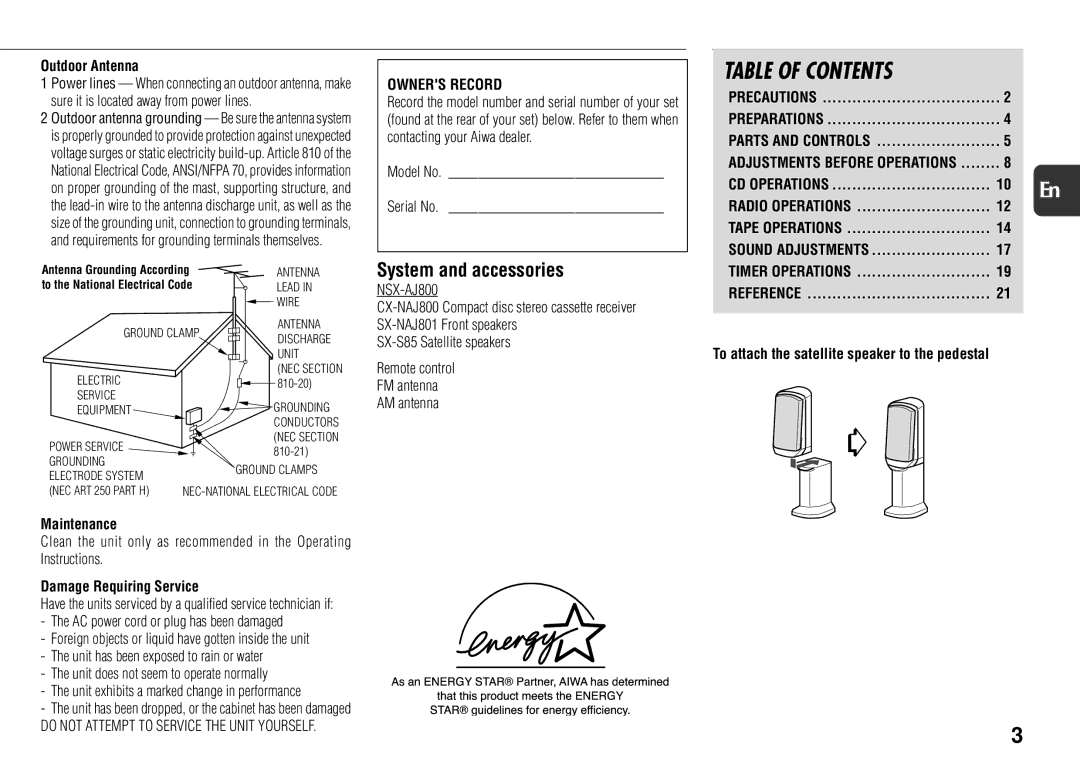 Aiwa NSX-AJ800 manual Table of Contents 