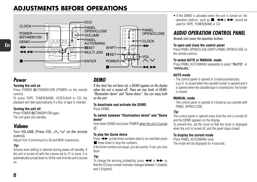 Aiwa NSX-AJ800 manual Adjustments Before Operations, Power, Volume, Demo, Reveals and covers the operation buttons 