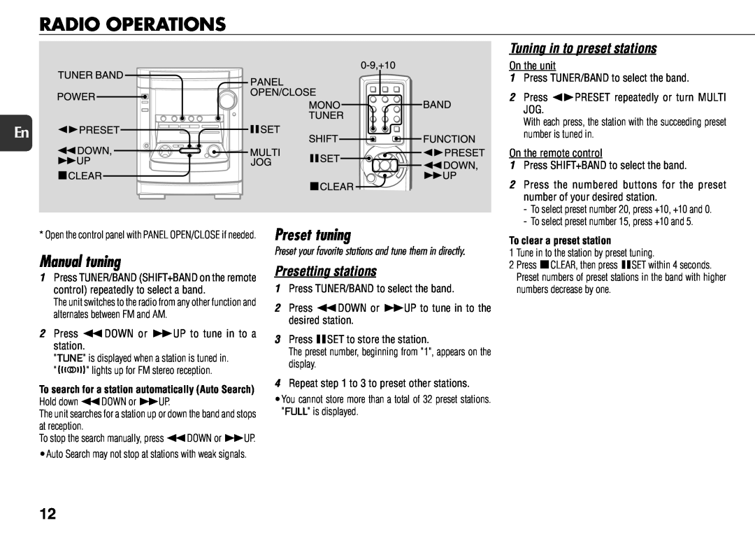 Aiwa NSX-AJ800 manual Radio Operations, Manual tuning, Preset tuning, Presetting stations, Tuning in to preset stations 