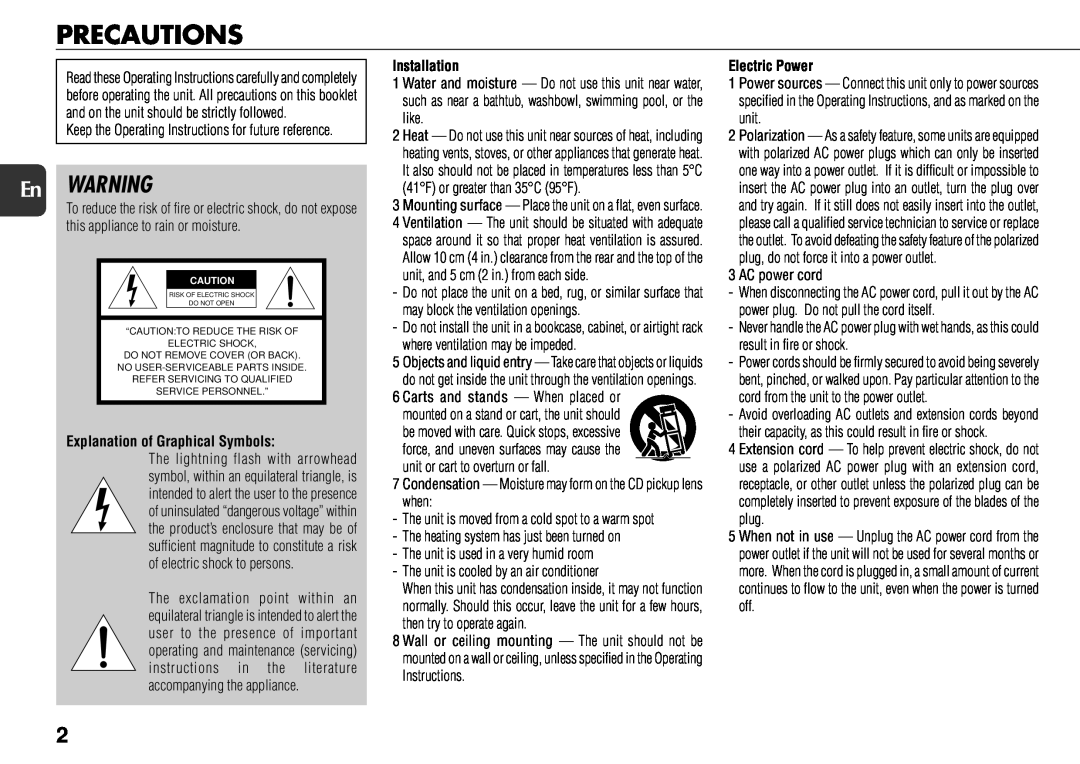 Aiwa NSX-AJ800 manual Precautions, En WARNING, Explanation of Graphical Symbols, Installation, Electric Power 