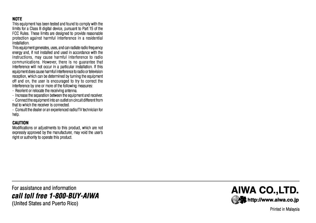 Aiwa NSX-AJ800 For assistance and information, United States and Puerto Rico, Reorient or relocate the receiving antenna 
