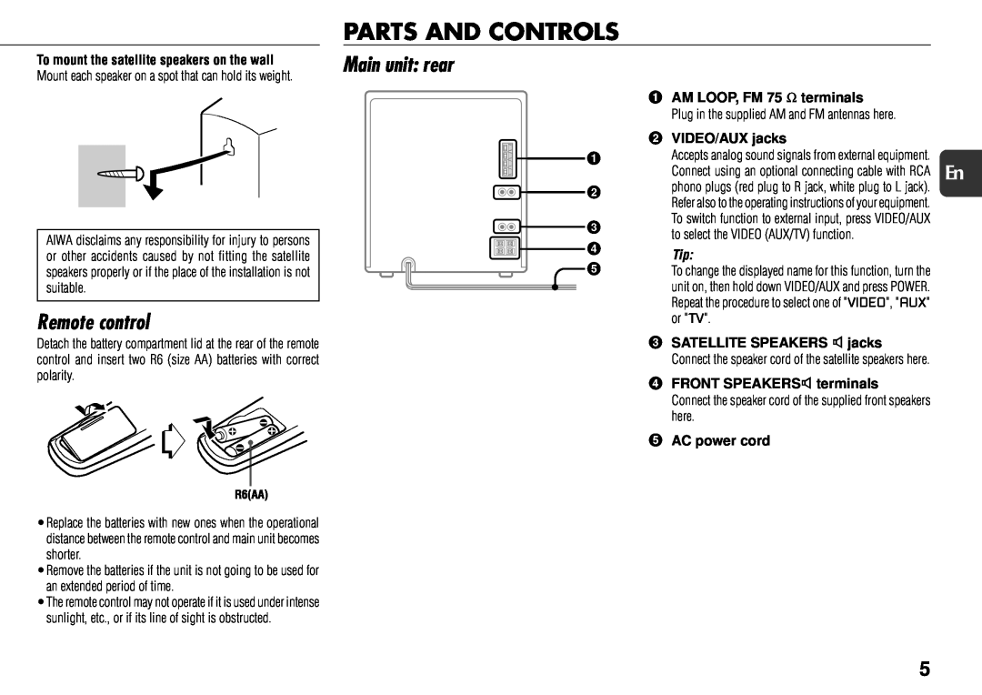 Aiwa NSX-AJ800 manual Parts And Controls, Remote control, Main unit rear, 1AM LOOP, FM 75 Ω terminals, 2VIDEO/AUX jacks 