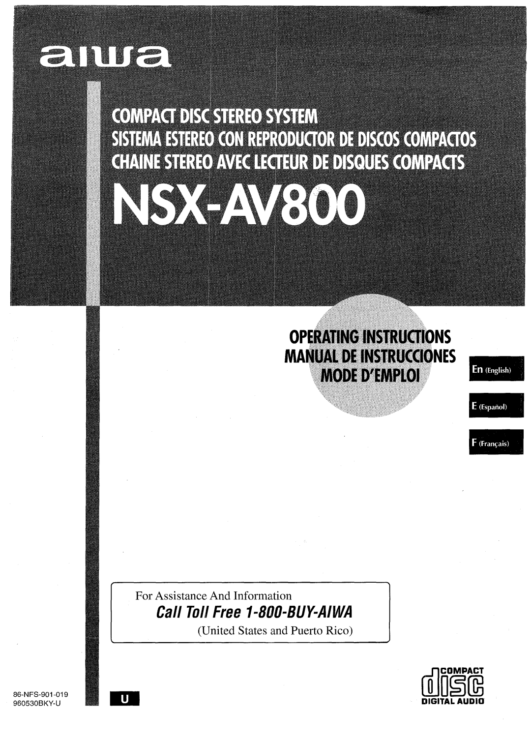 Aiwa NSX-AV800 manual Call Toll Free I-800-BUY=AIWA 