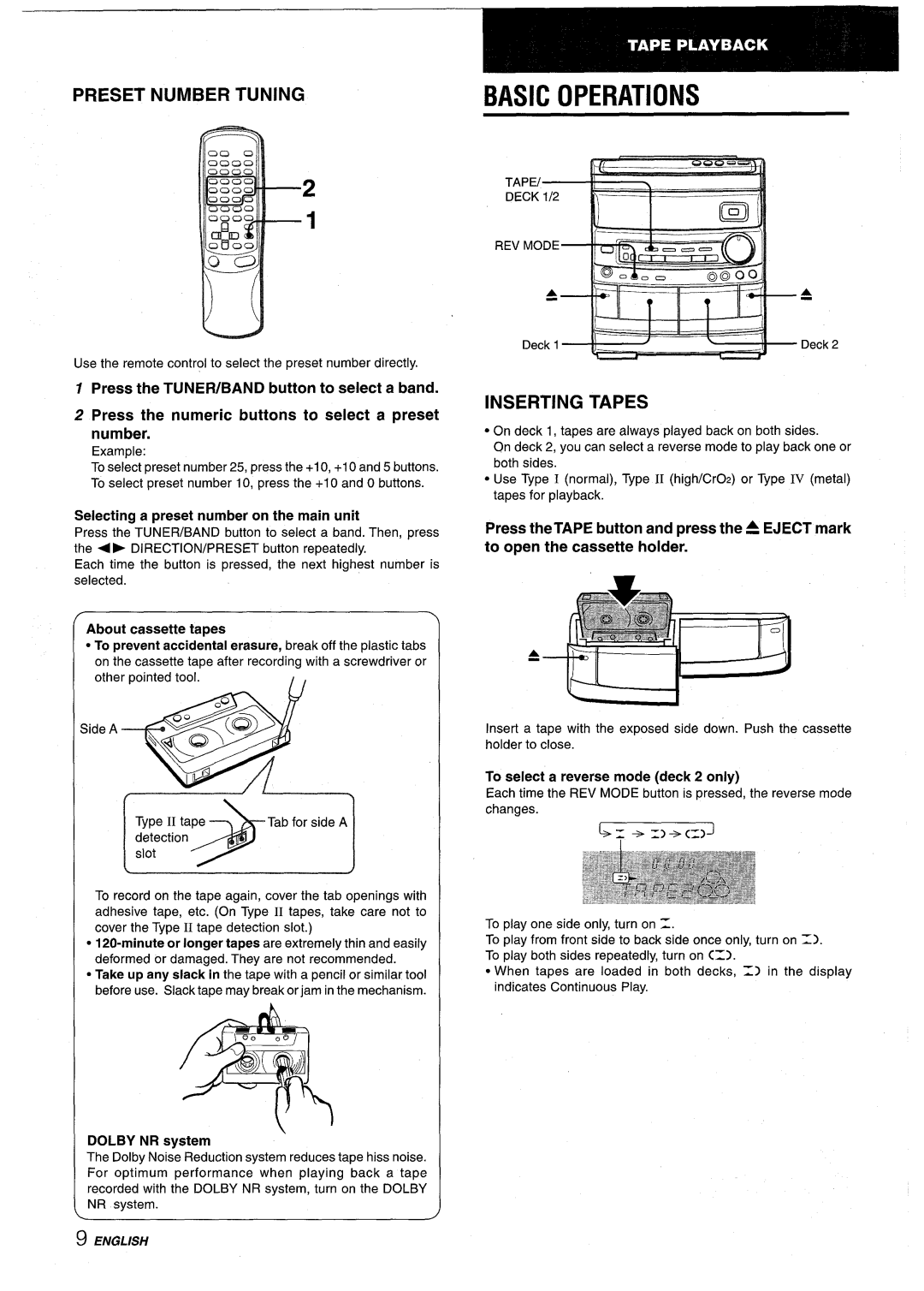 Aiwa NSX-AV800 manual Basic Operations, Preset Number Tuning, Inserting Tapes, Selecting a preset number on the main unit 