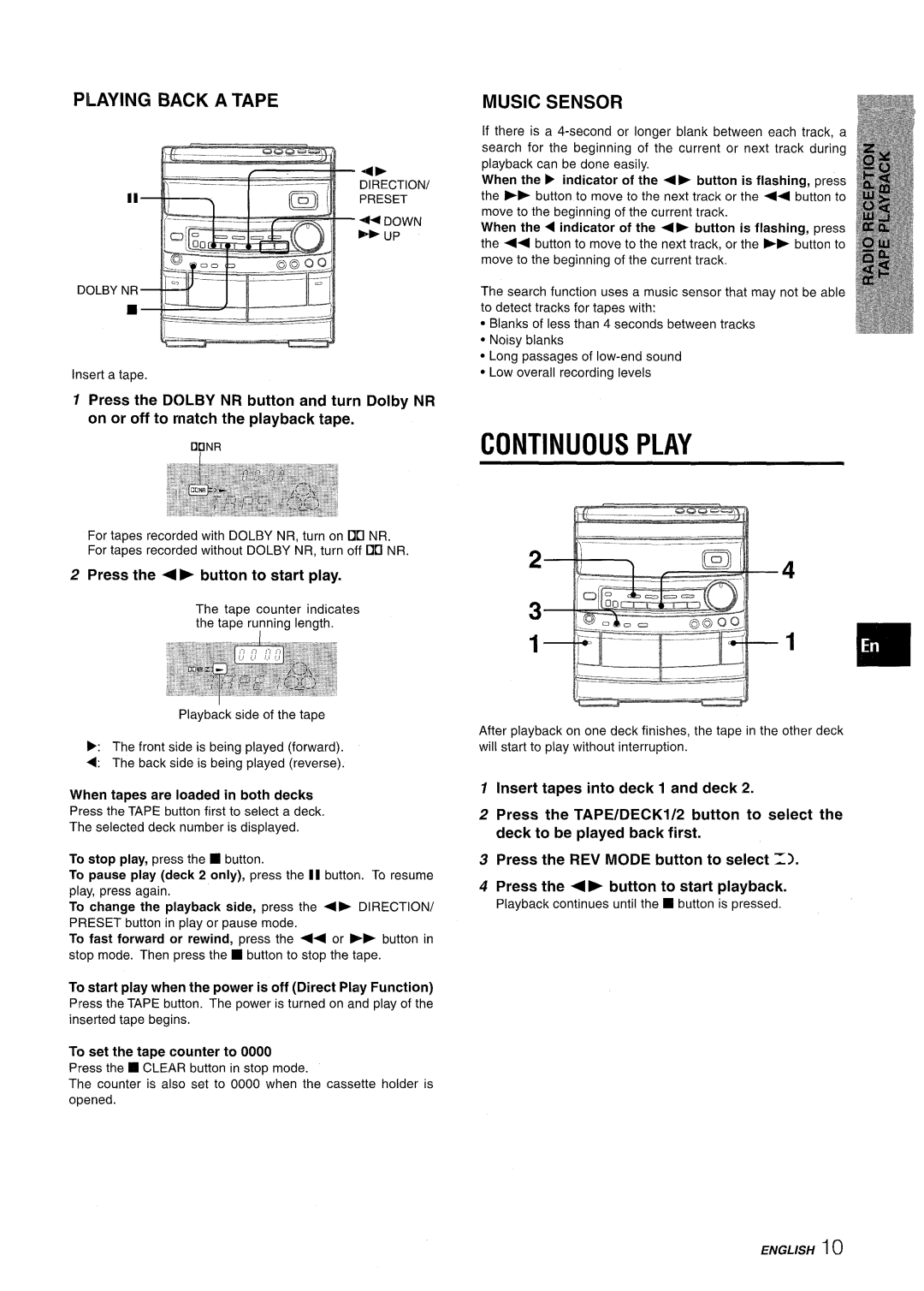 Aiwa NSX-AV800 manual Continuous Play, Pilaying Back a Tape, Music Sensor, Press the + button to start play 