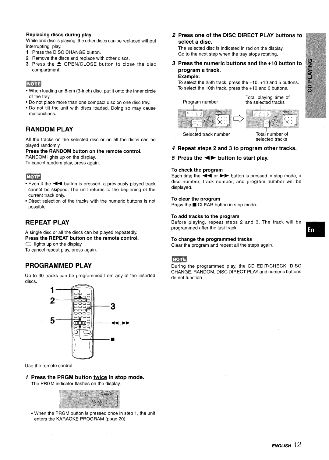 Aiwa NSX-AV800 manual Random Play, Repeat Play, Programmed Play, Press one of the Disc Direct Play buttons to select a disc 