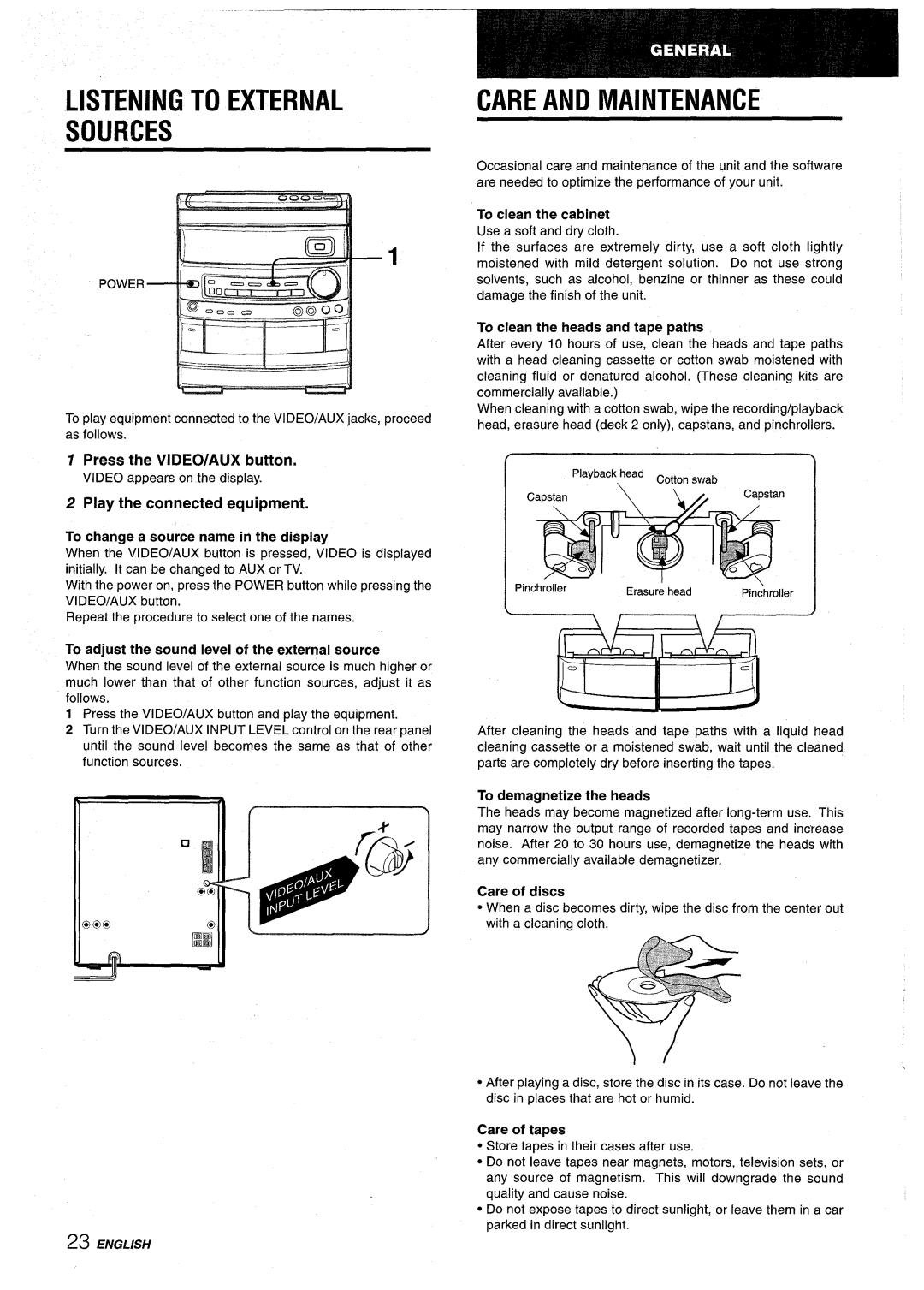 Aiwa NSX-AV800 manual Listening to External Sources, Care and Maintenance, Press the VIDEO/AUX button 