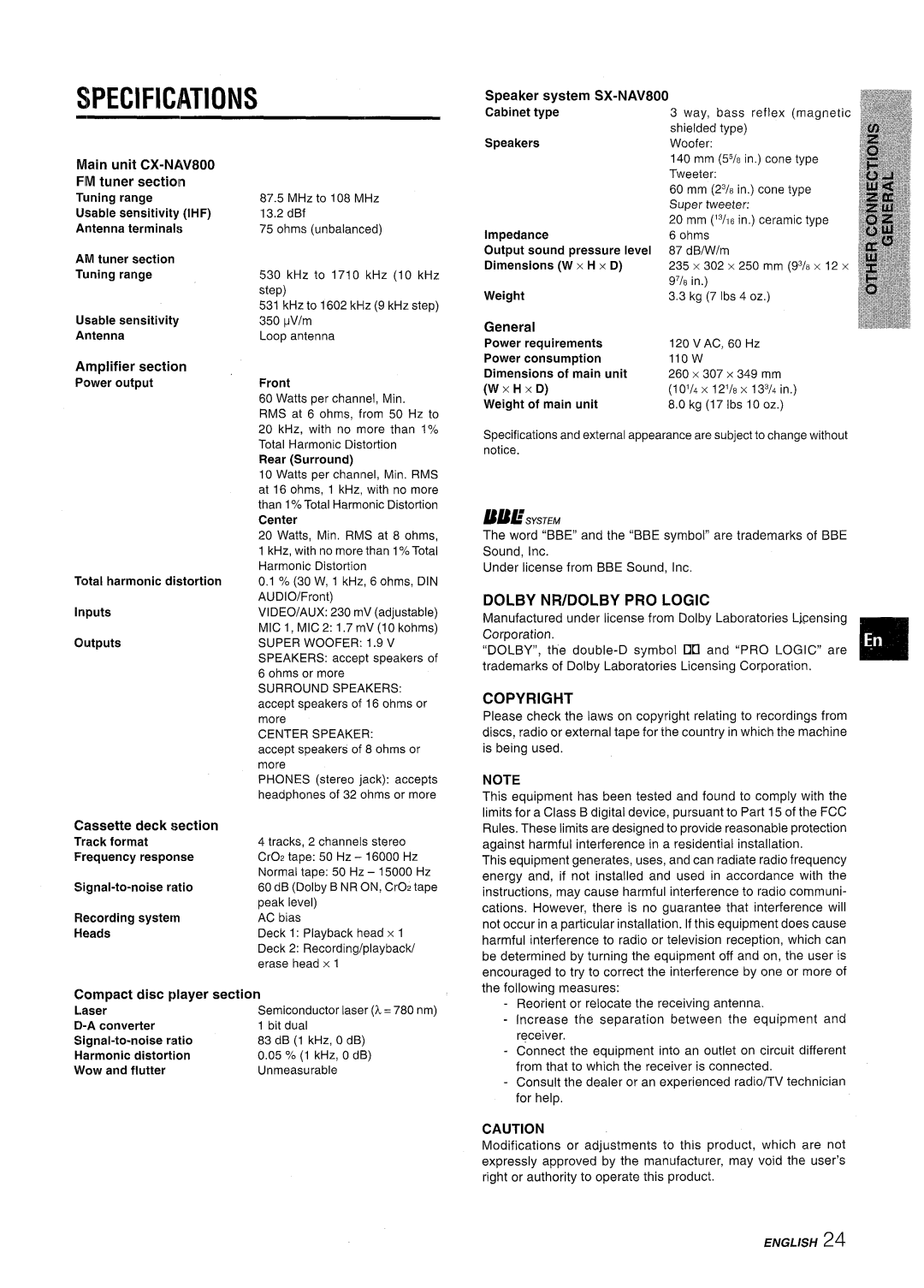 Aiwa NSX-AV800 manual Specifications, Dolby NR/DOLBY PRO Logic, Copyright, Xhxd 