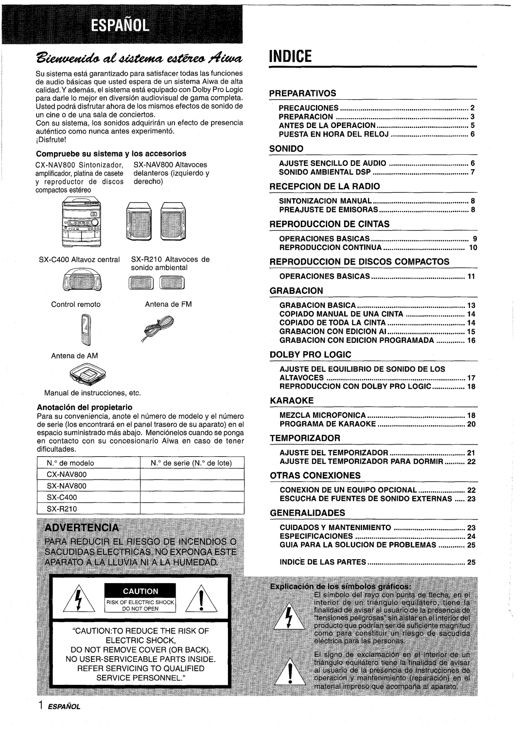 Aiwa NSX-AV800 manual Indice 