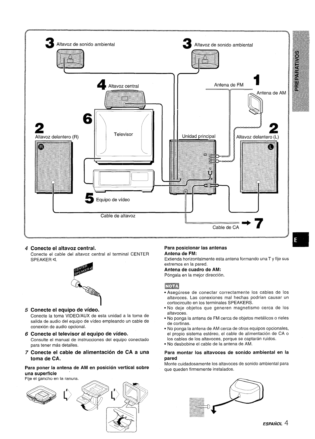 Aiwa NSX-AV800 manual Conecte el altavoz central, Para posicionar Ias antenas, Conecte el equipo de video 