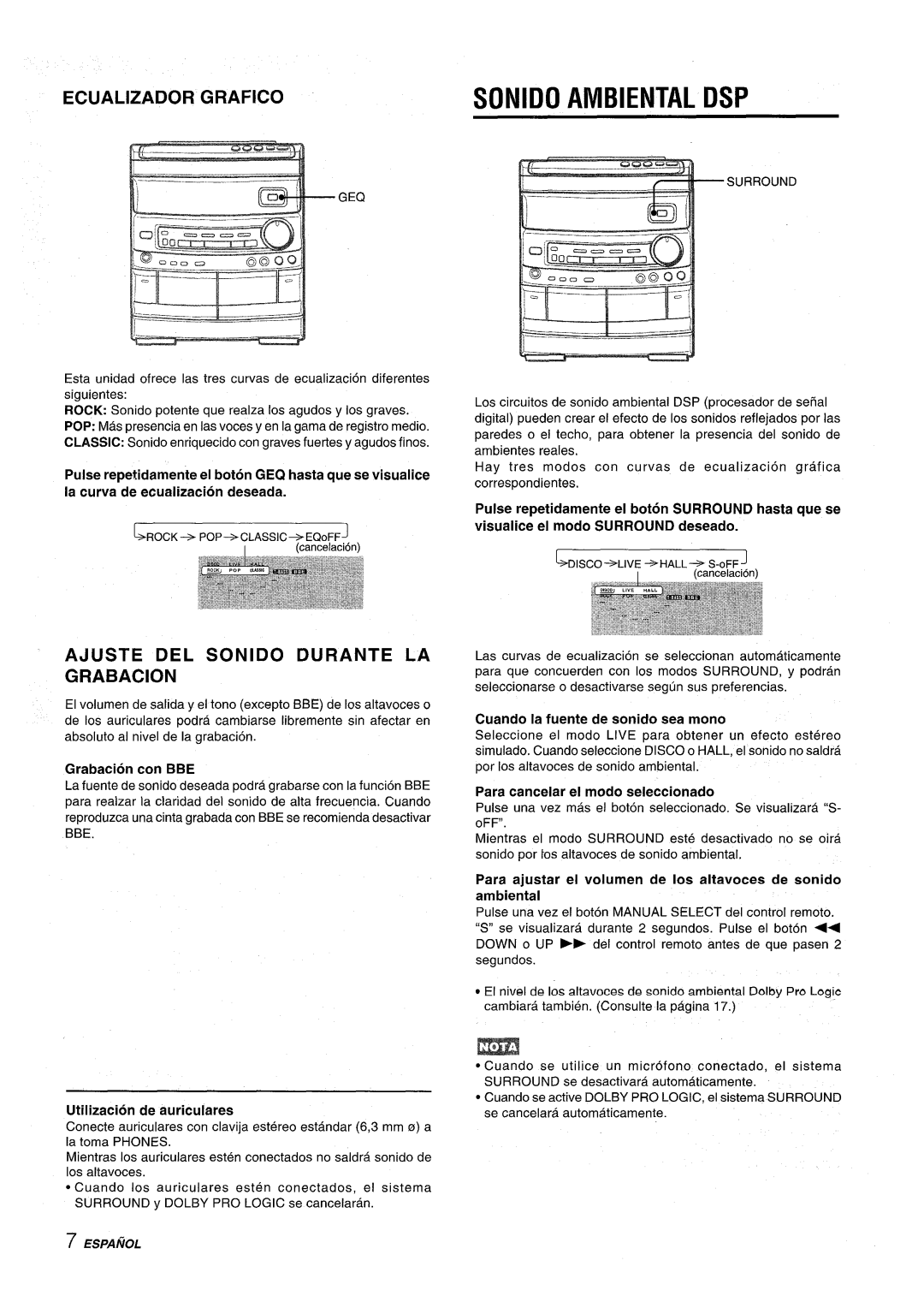 Aiwa NSX-AV800 manual Sonido Ambiental DSP, Ecualizador Grafico, Ajuste DEL Sonido Durante LA Grabacion 