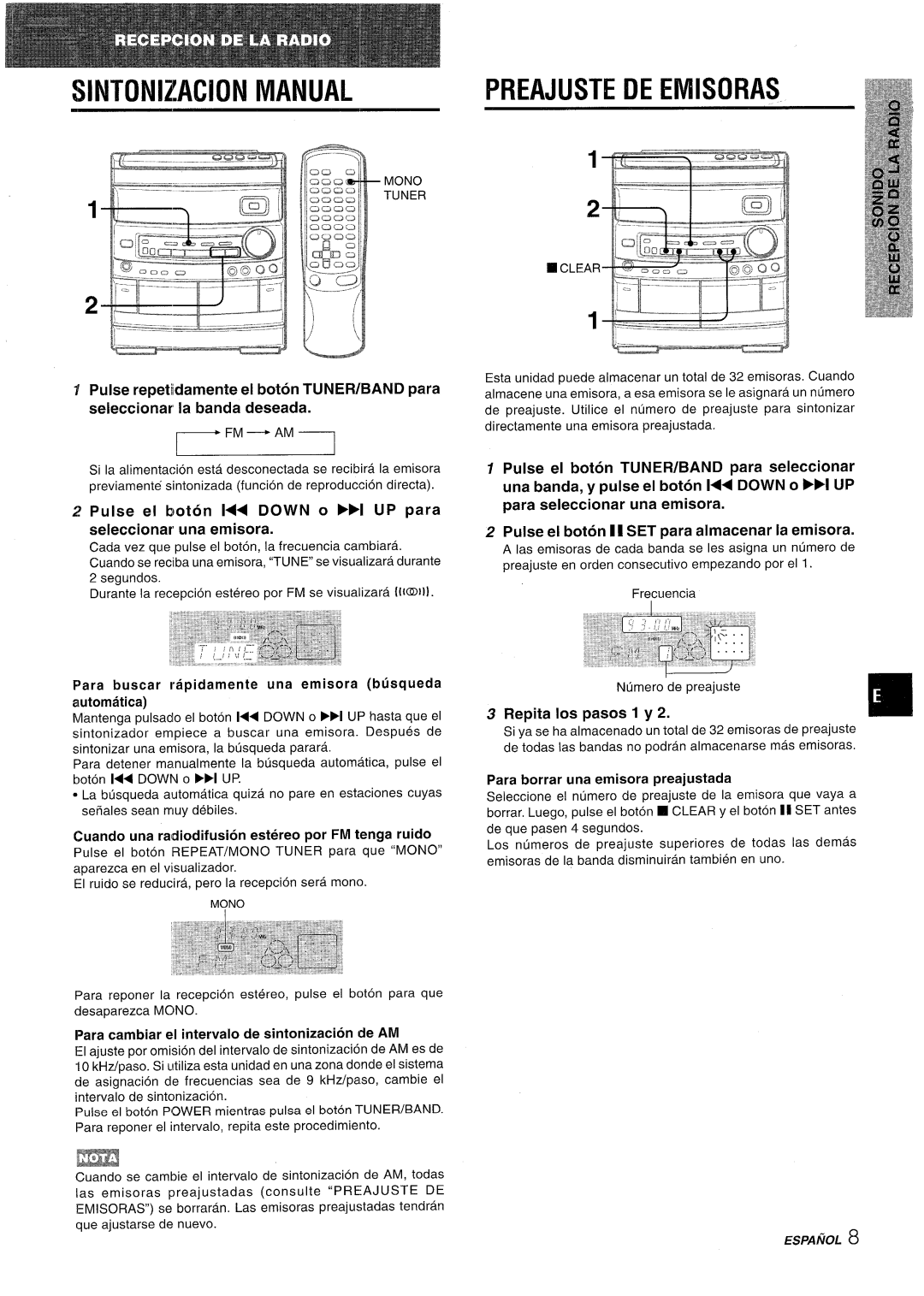 Aiwa NSX-AV800 manual SINTON1ZAC1ON Manual, Fm- Am, Pulse el boton l Down o 1 UP para seleccionar una emisora 