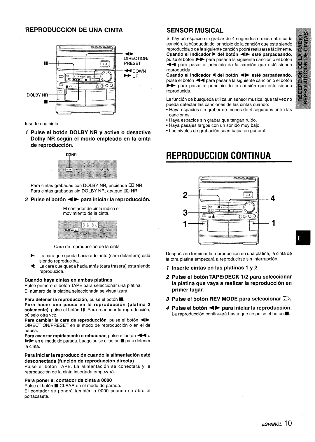 Aiwa NSX-AV800 manual Reproduction Continua, Reproduction DE UNA Cinta, Sensor Musical 