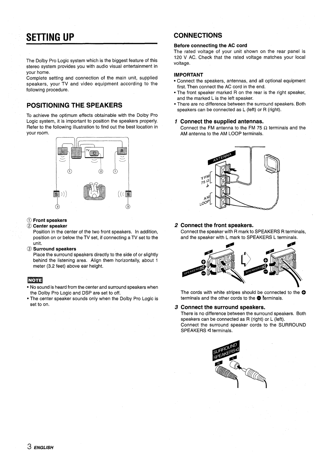 Aiwa NSX-AV800 manual Setting UP, Positioning the Speakers, Connections, Connect the front speakers 