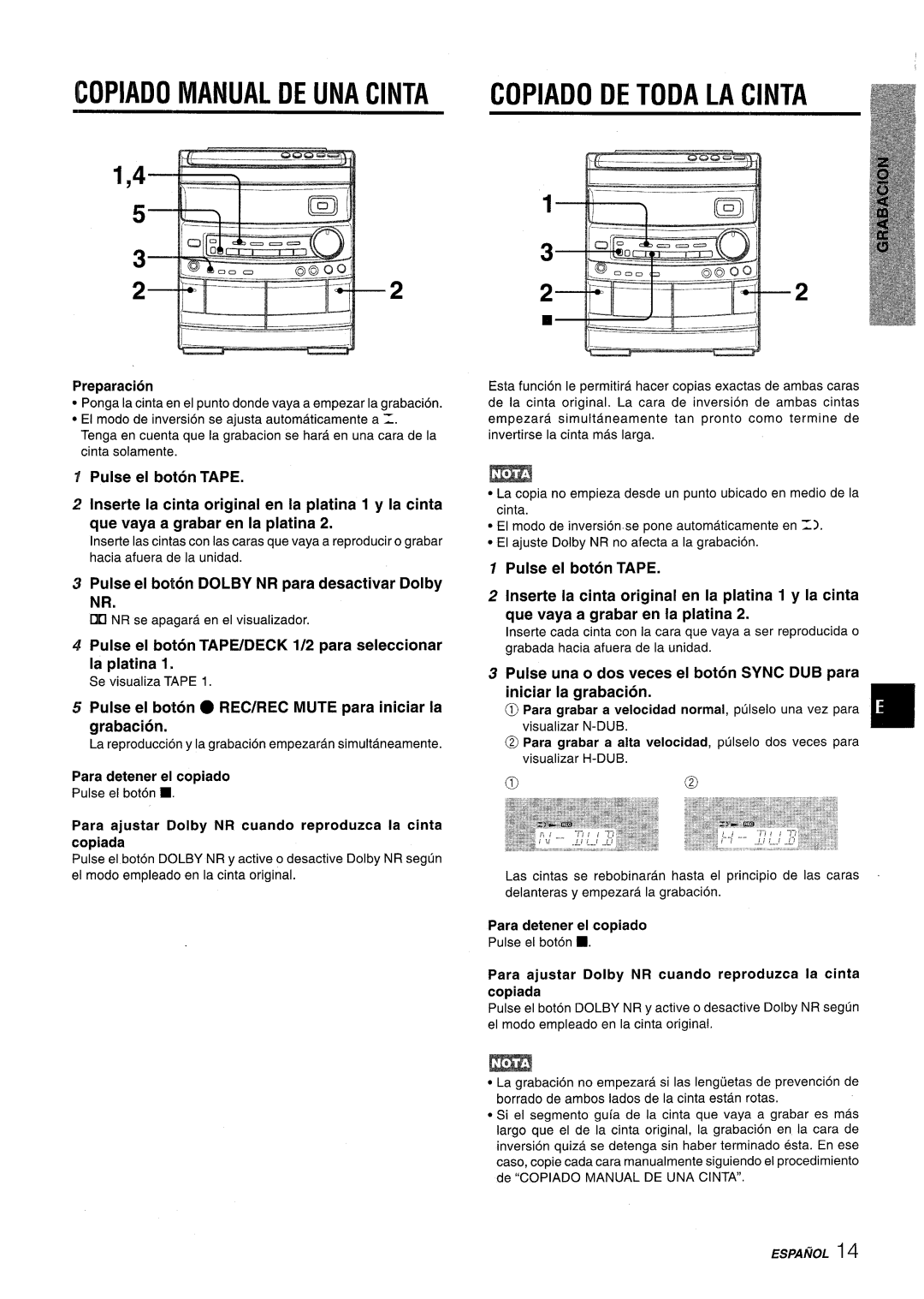 Aiwa NSX-AV800 manual Copiado Manual DE UNA Cinta, Copiado DE Toda LA Cinta 