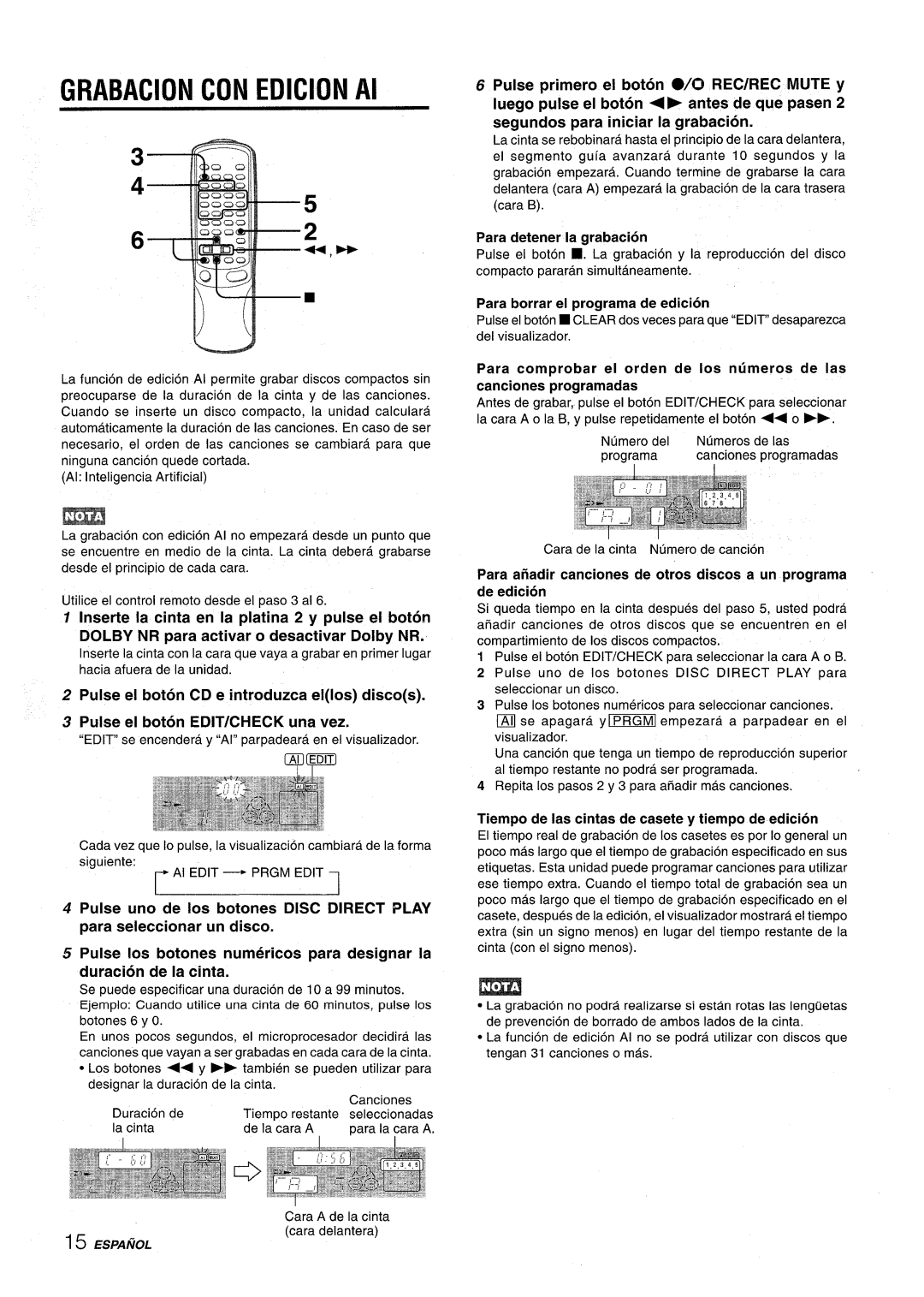 Aiwa NSX-AV800 manual Para borrar el programa de edition, Tiempo de Ias cintas de casete y tiempo de edition 