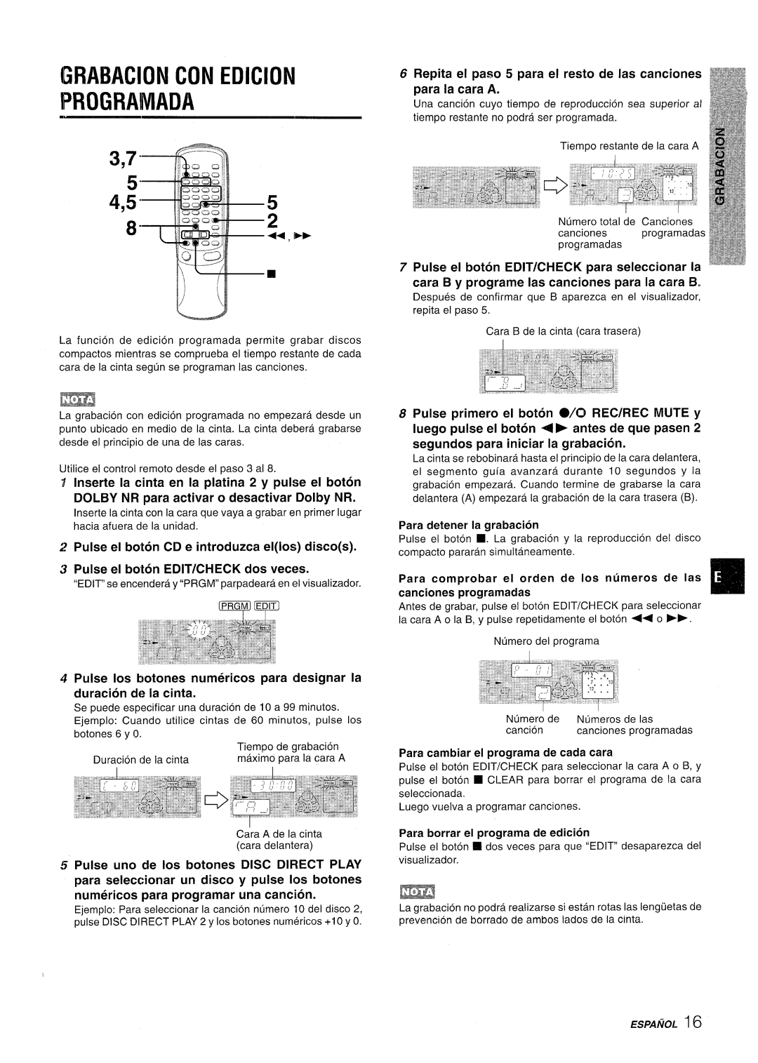 Aiwa NSX-AV800 manual GRABAC1ON CON Edicion ?ROGRA!MADA, Para cambiar el programa de cada cara 