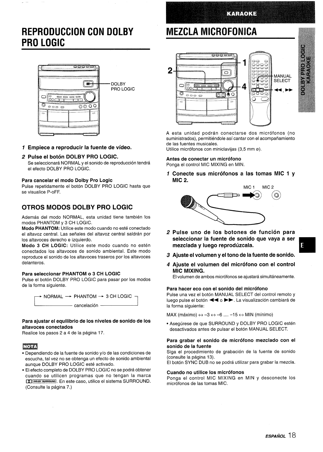 Aiwa NSX-AV800 manual Reproduction CON Dolby PRO Logic, Mezcla Microfoniica, Otros Modos Dolby PRO Logic, MIC Mixing 