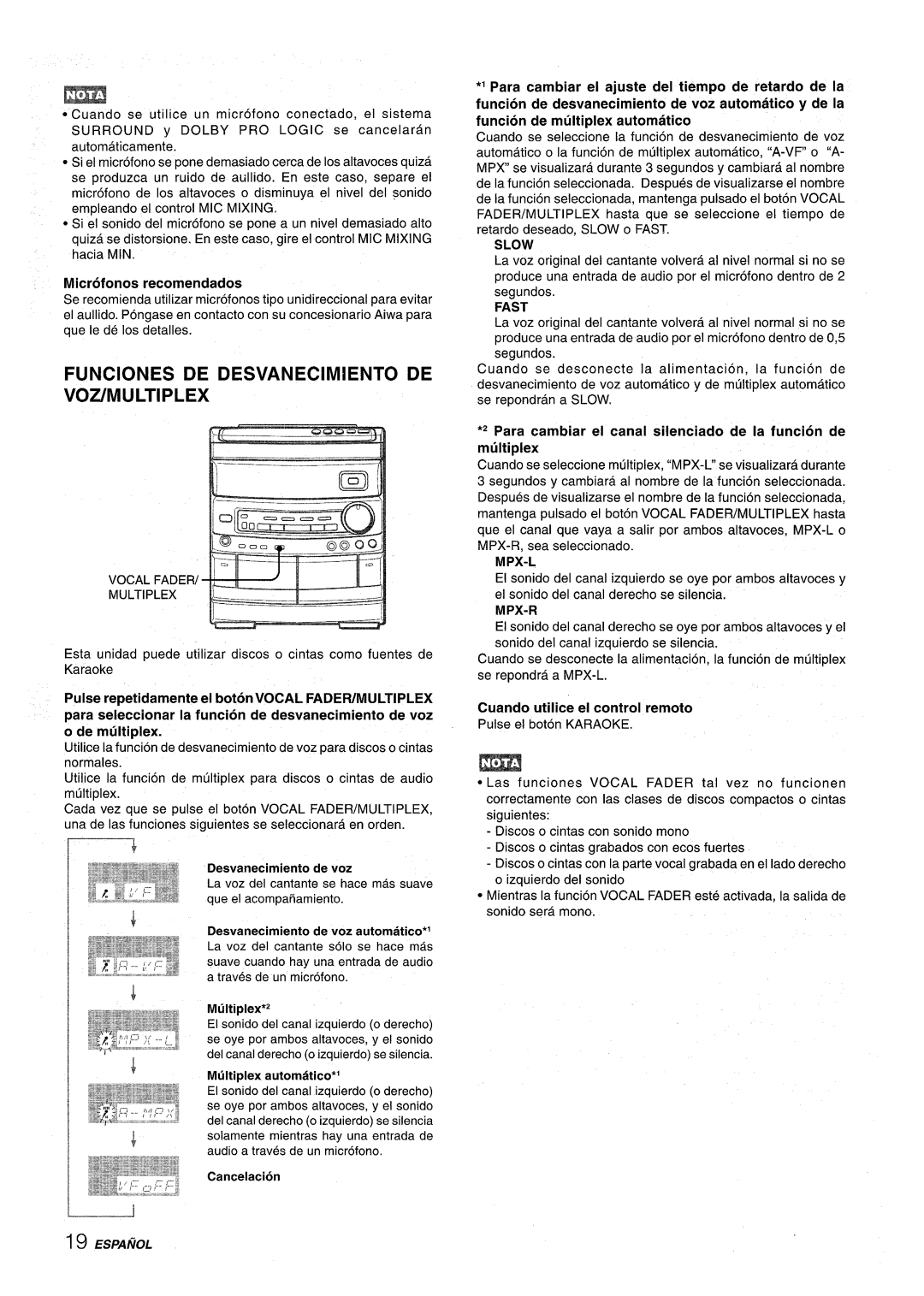 Aiwa NSX-AV800 manual Para cambiar el ajuste del tiempo de retardo de la, Microfonos recomendados, Desvanecimiento de voz 