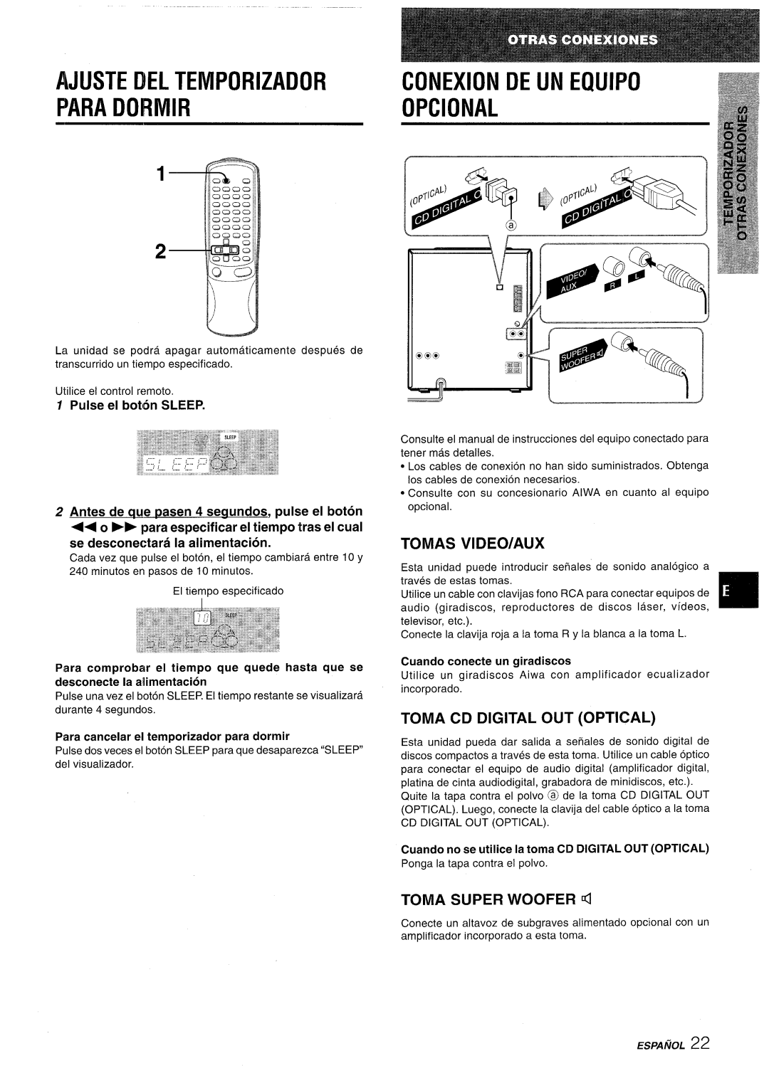Aiwa NSX-AV800 manual Ajuste DEL Temporizador Para Dofimir, Tomas VIDEO/AUX, Toma CD Digital OUT Optical 