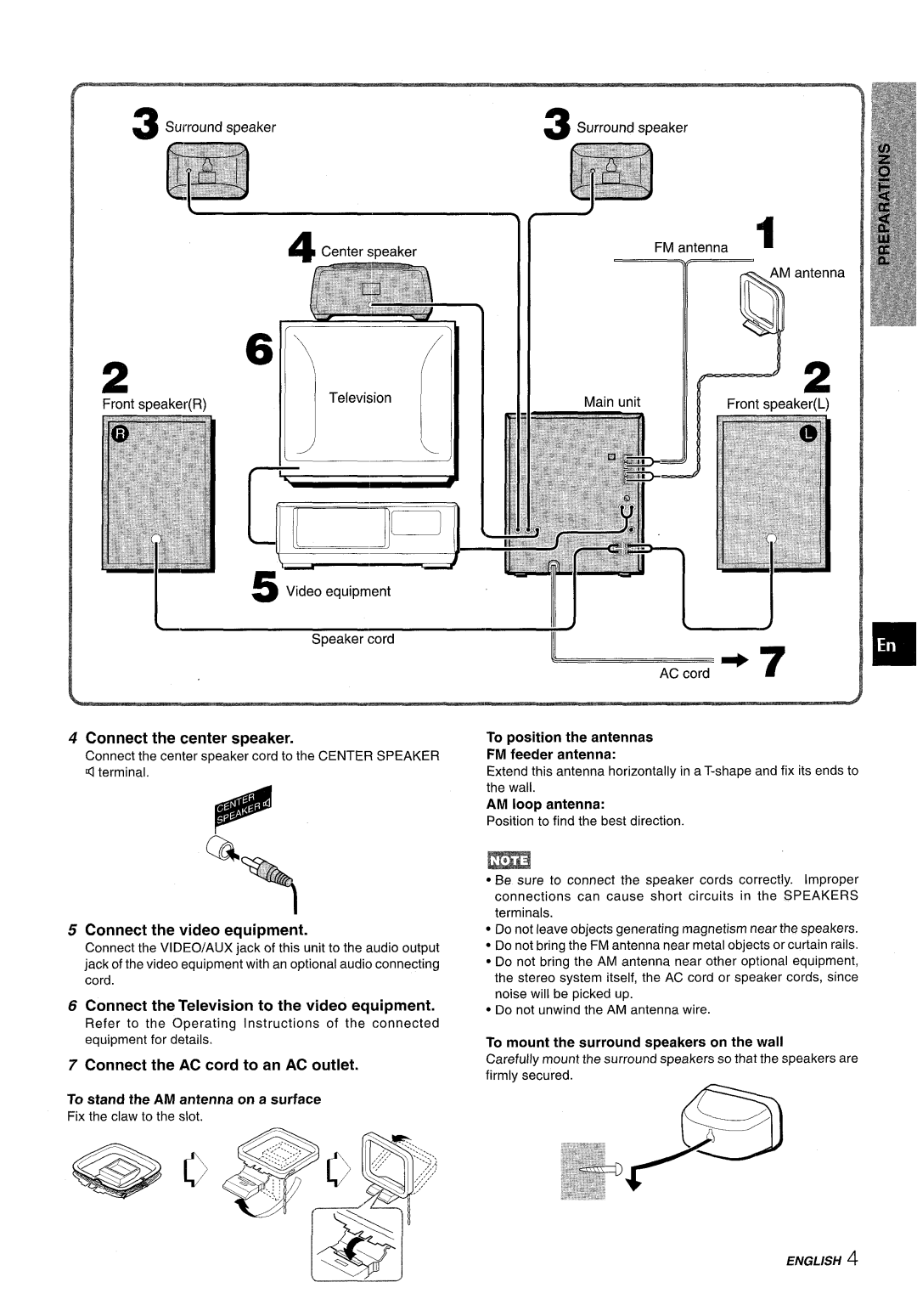 Aiwa NSX-AV800 manual Connect the center speaker, Connect the video equipment, To position the antennas 