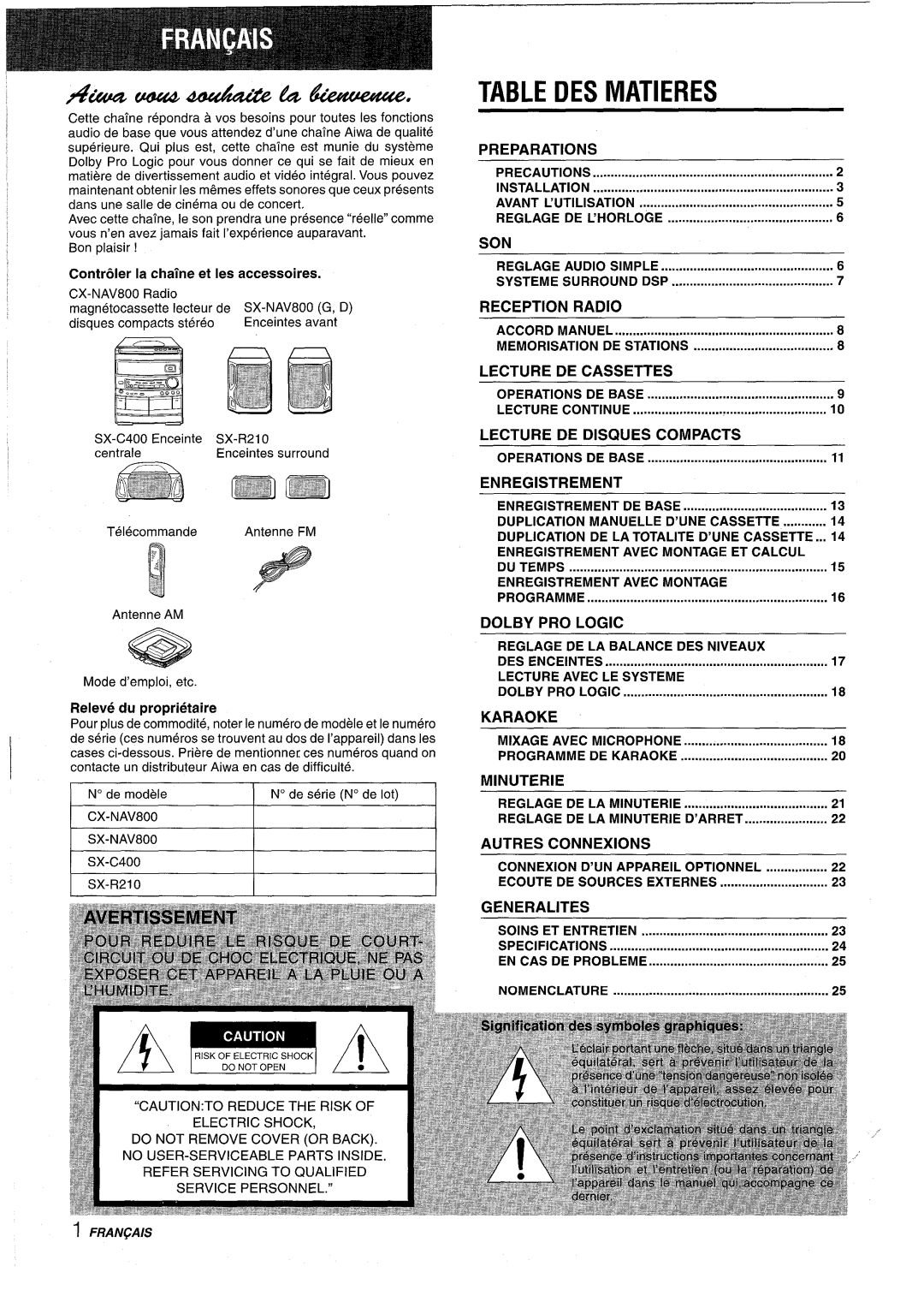 Aiwa NSX-AV800 manual DES Matieres 