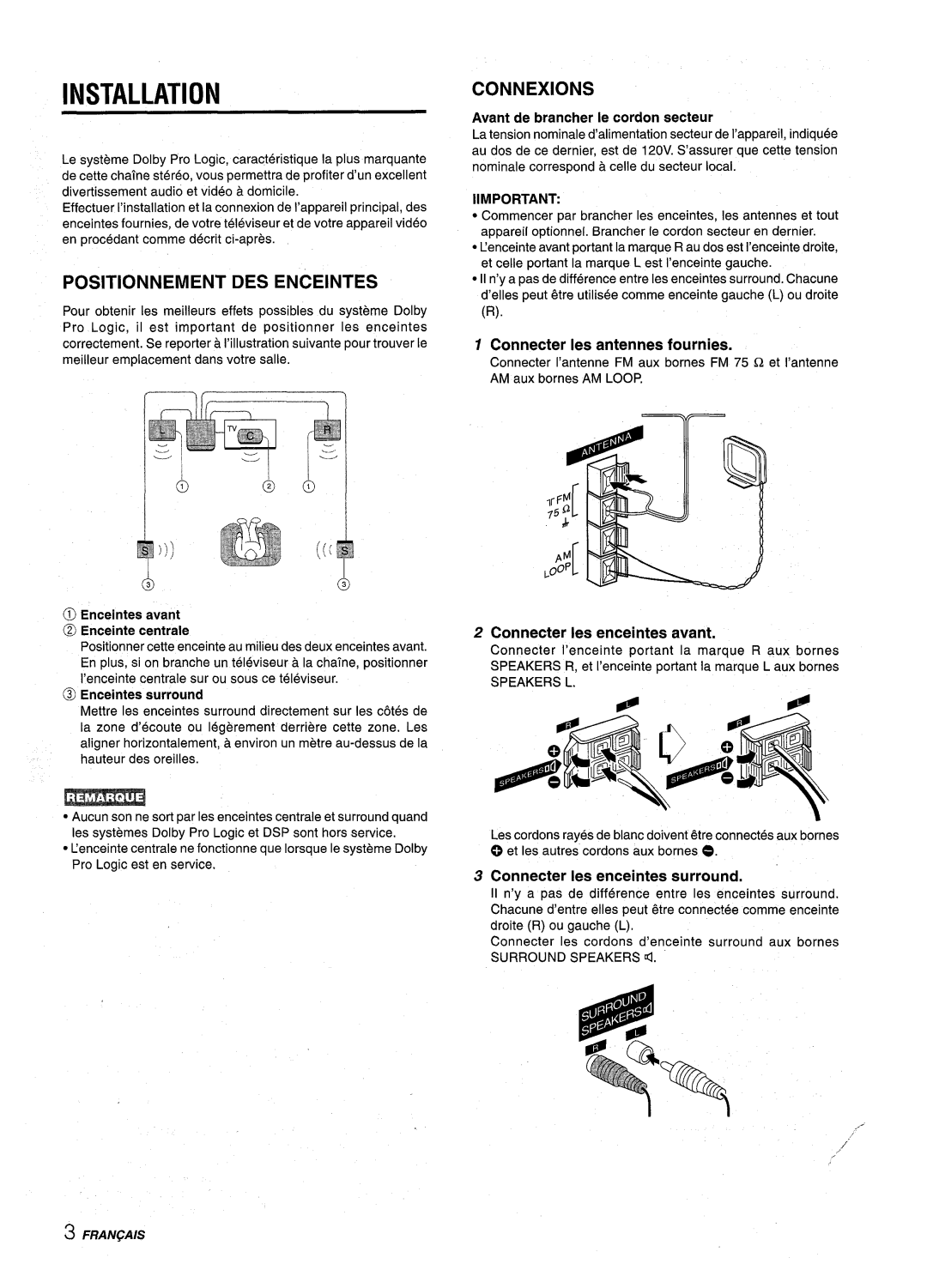 Aiwa NSX-AV800 manual Installation, Positionnement DES Enceintes, Connexions, Iimportant 