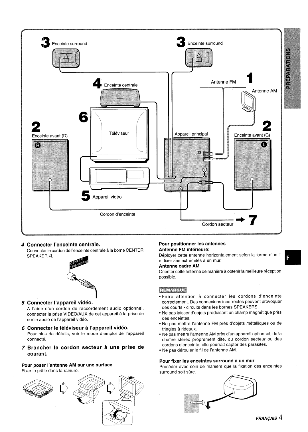 Aiwa NSX-AV800 manual Connecter I’enceinte centrale, Connecter I’appareil video, Connecter Ie televiseur a I’appareil video 