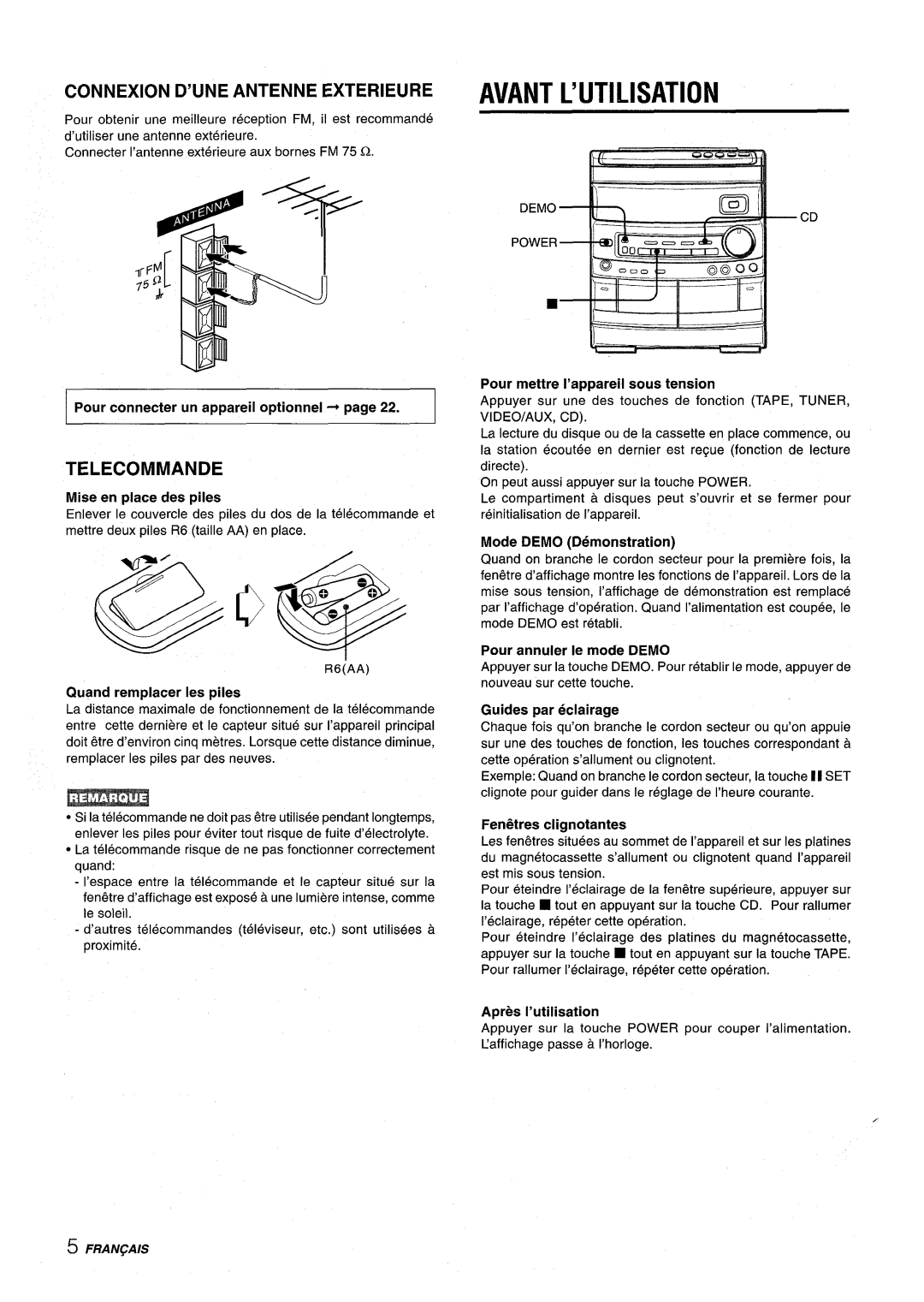 Aiwa NSX-AV800 manual Avant L’UTILISATION, Connexion D’UNE Antenne Exterieure, Telecommande 