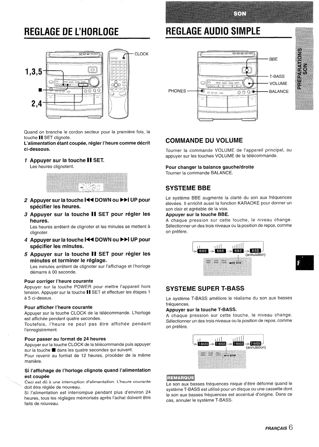 Aiwa NSX-AV800 manual Reglagedel’Horloge, Reglage Audio Simple, Commande DU Volume, Systeme BBE, Systeme Super T-BASS 