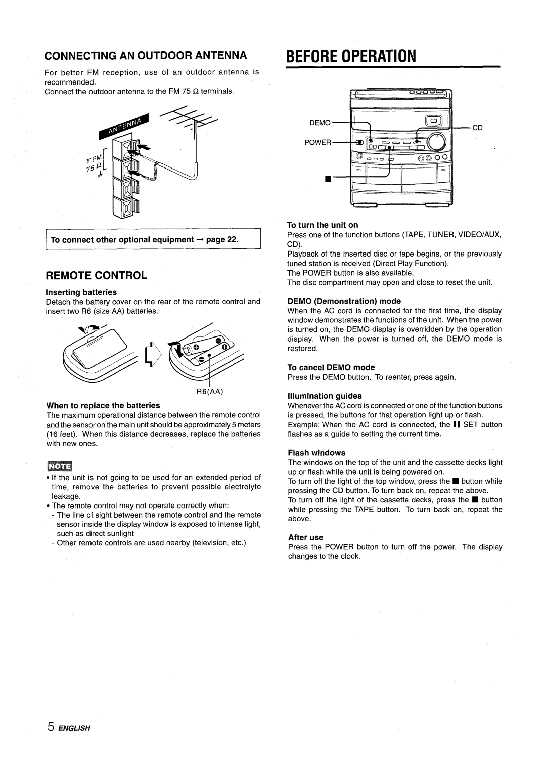 Aiwa NSX-AV800 manual Before Operation, Connecting AN Outdoor Antenna, Remote Control 