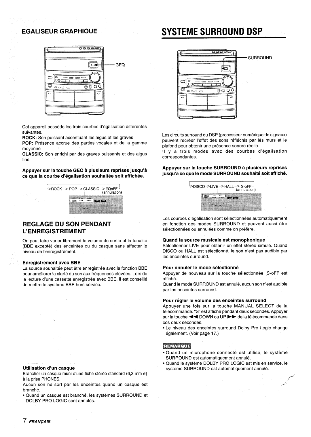 Aiwa NSX-AV800 manual Systeme Surround DSP, Egaliseur Graphique, Reglage DU SON Pendant ’ENREGISTREMENT 