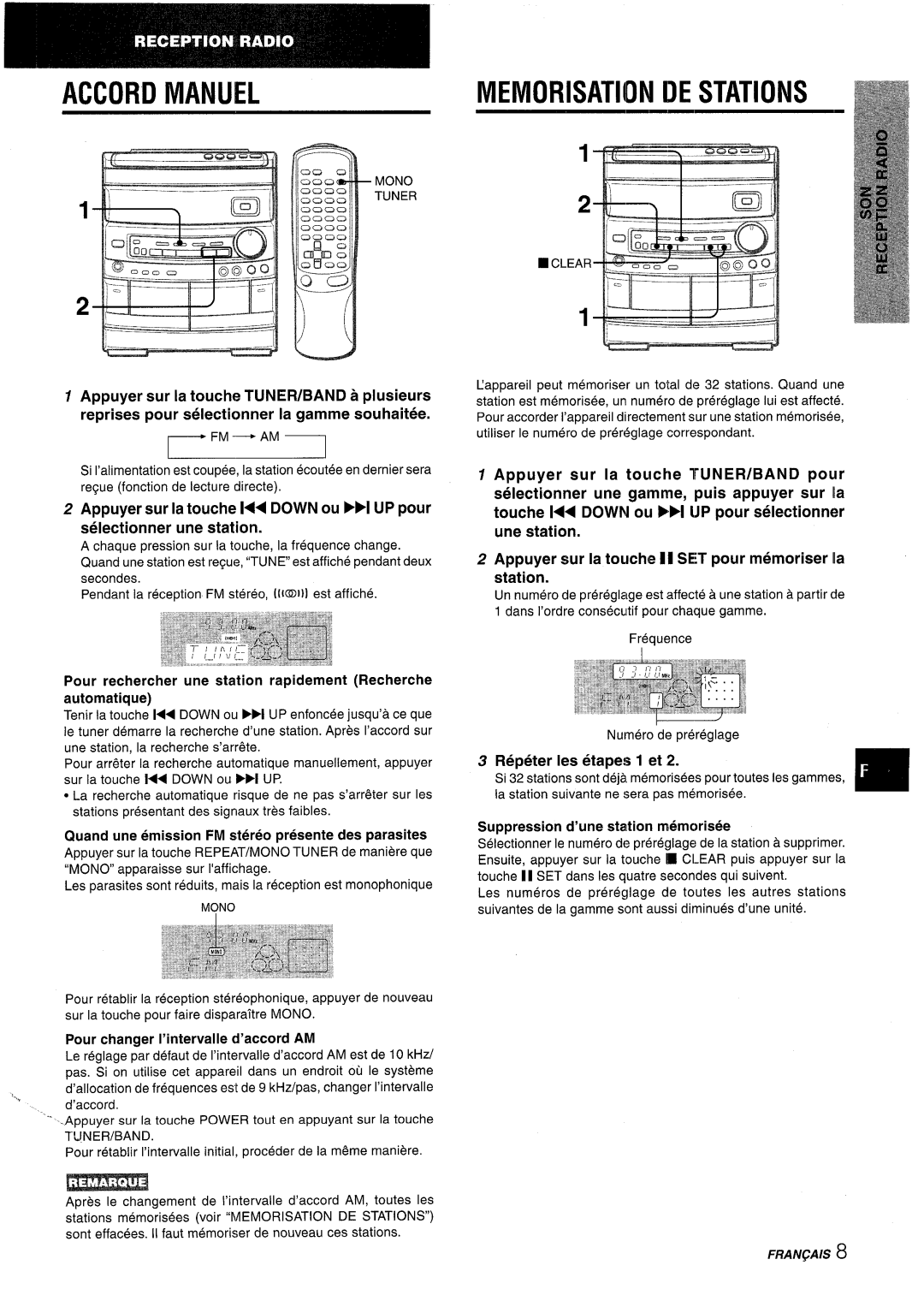 Aiwa NSX-AV800 manual Accord Manuel, Re~eter Ies eta~es 1 et, Quand une emission FM stereo presente des parasites 