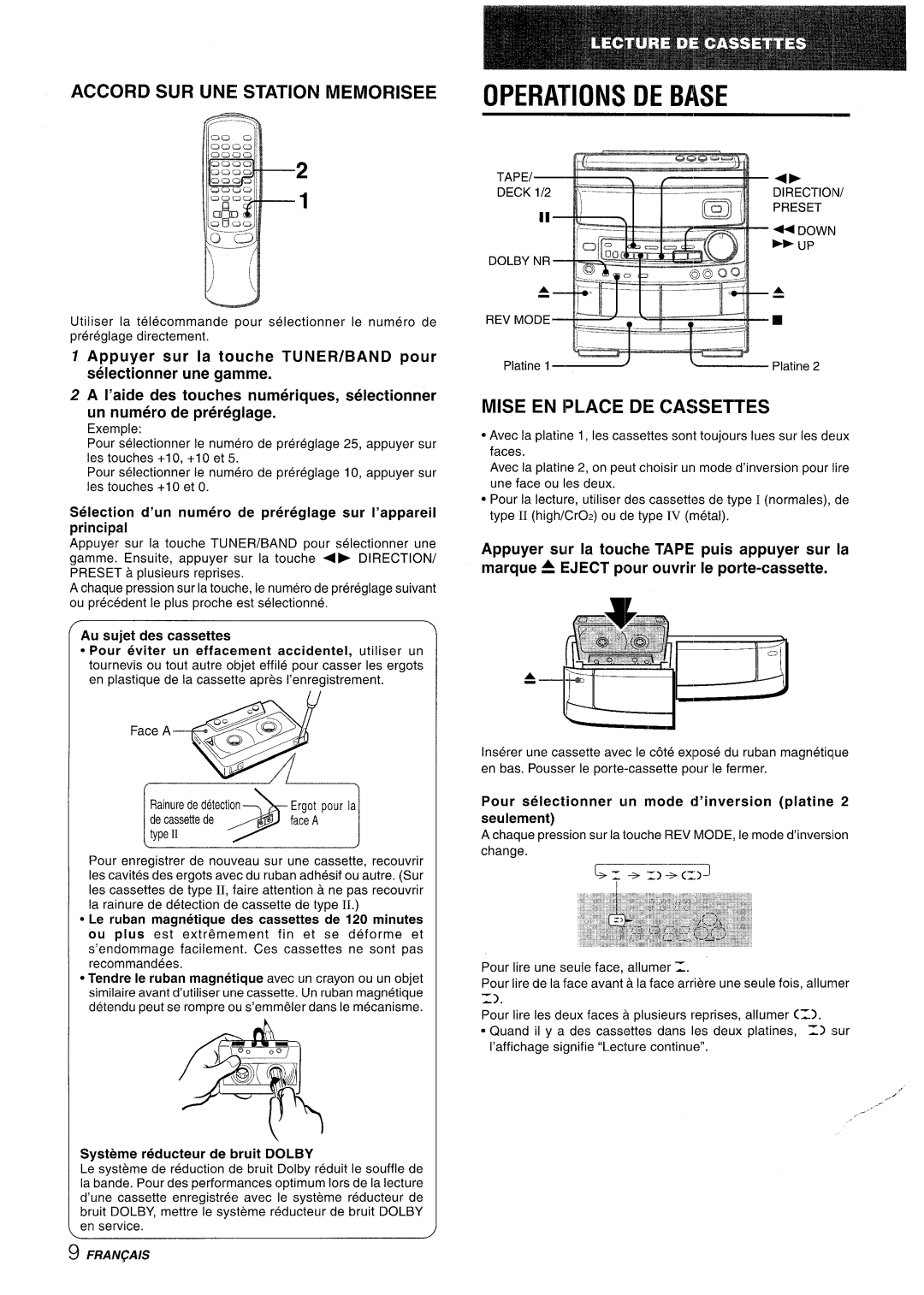 Aiwa NSX-AV800 manual Operations DE Base, Accord Sijr UNE Station Memorisee, Mise EN Place DE Cassettes 