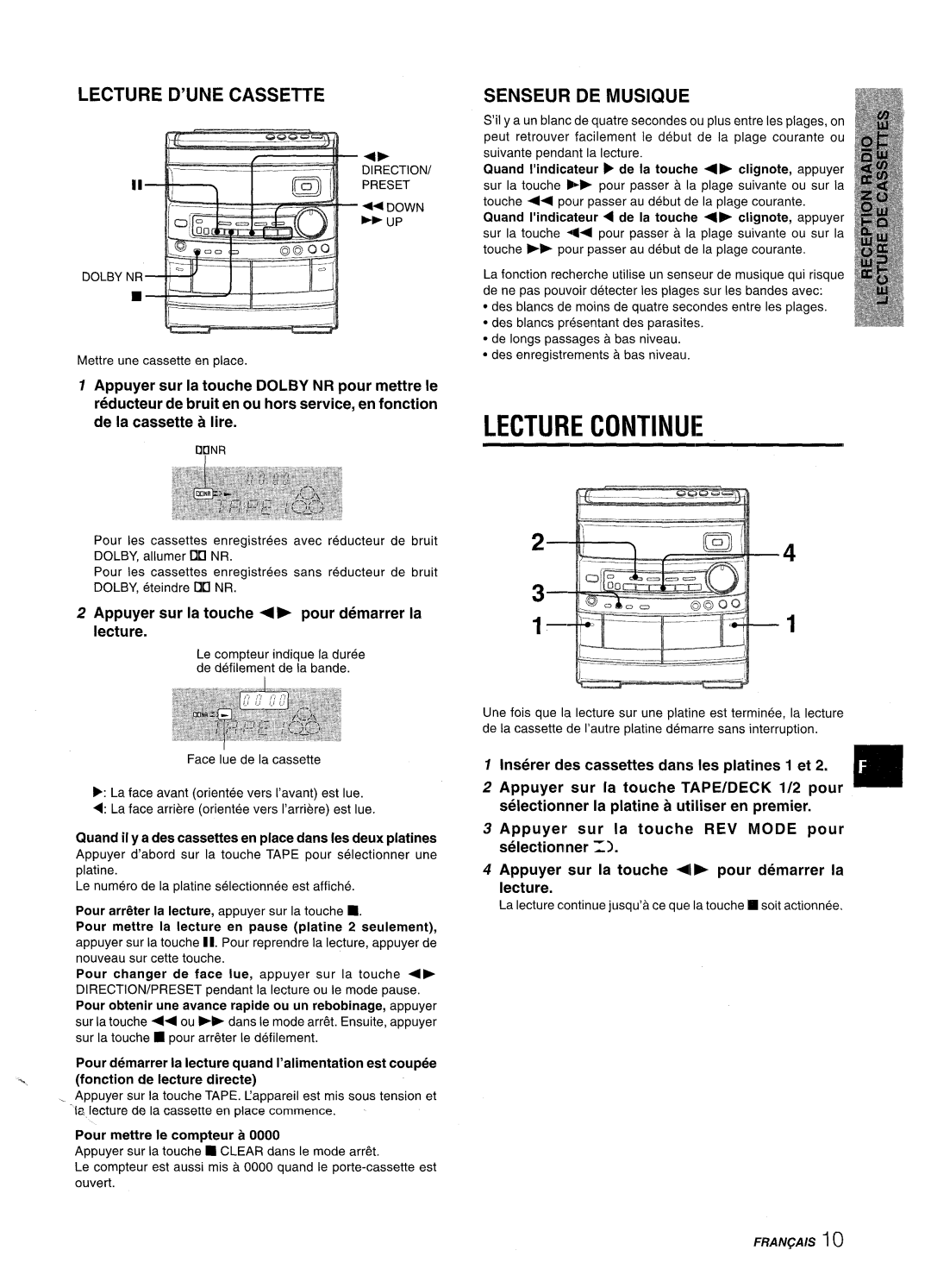 Aiwa NSX-AV800 manual Lecture Continue, Lecture D’UNE Cassette, Senseur DE Musique, ’~---‘- ~---j-j T 