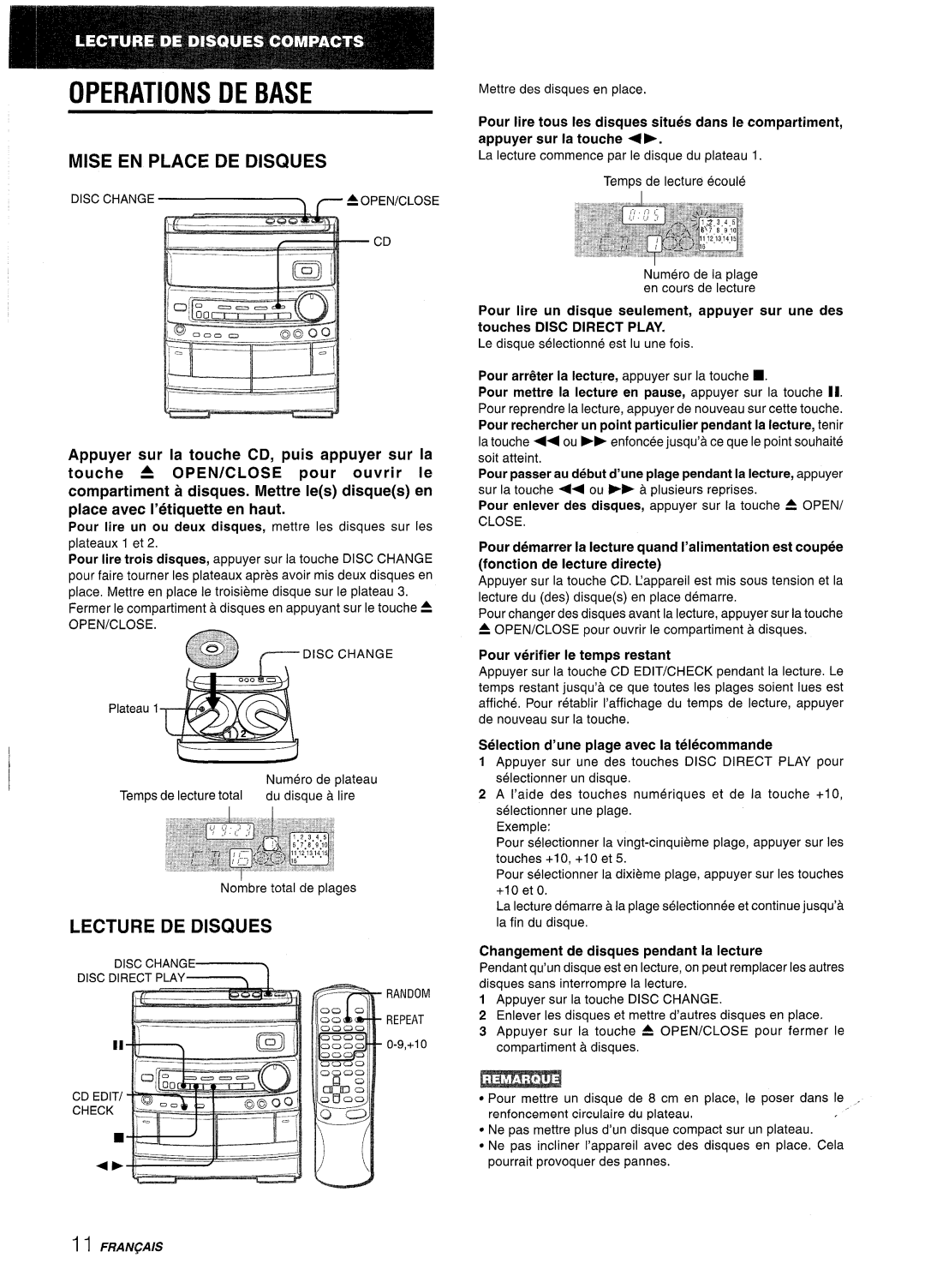 Aiwa NSX-AV800 manual Mise EN Place DE Disques, Lecture DE Disques 