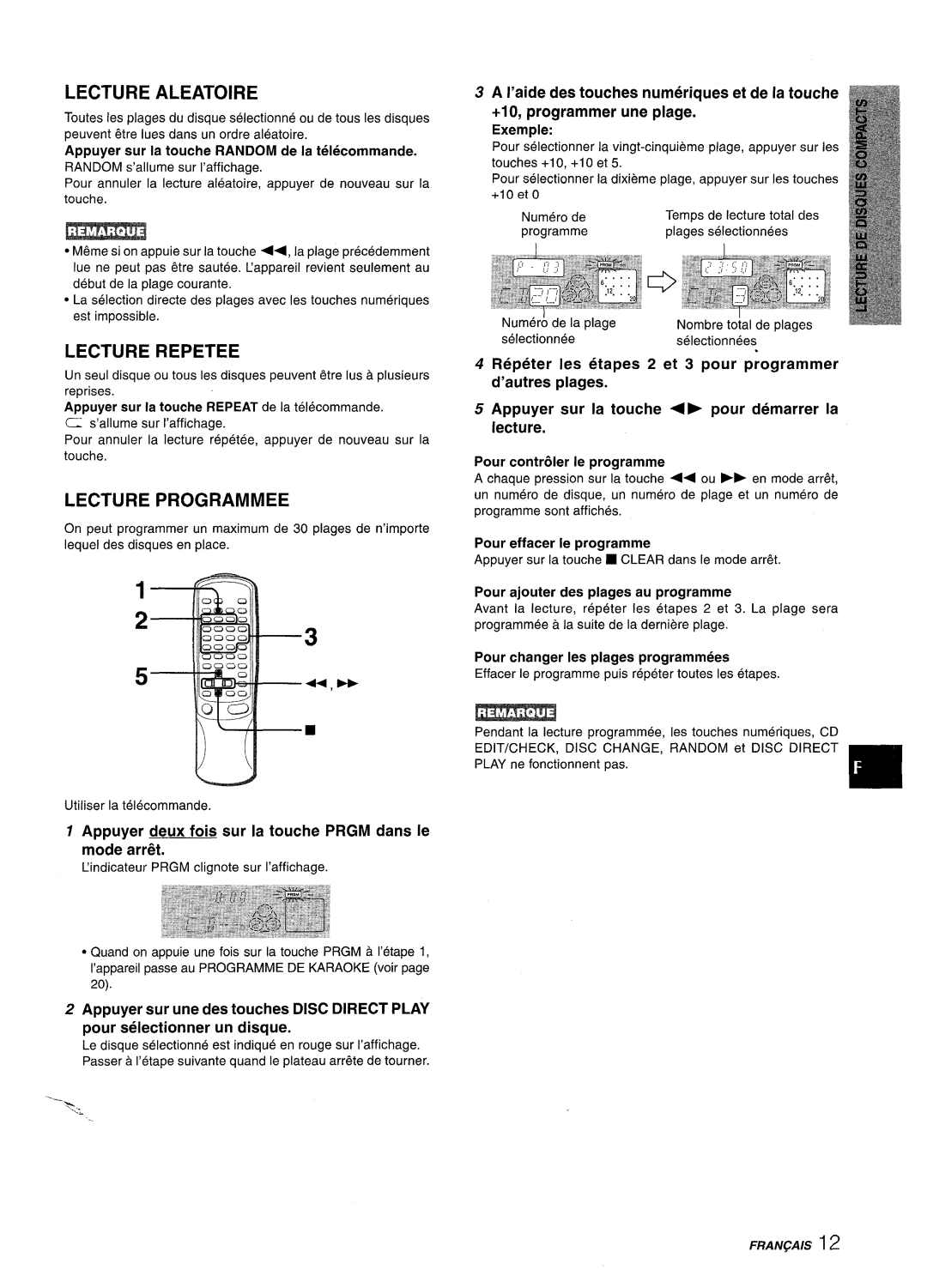 Aiwa NSX-AV800 manual Lecture Aleatoire, Lecture Repetee, Lecture Programmed, Et 3 pour programmer + pour demarrer la 