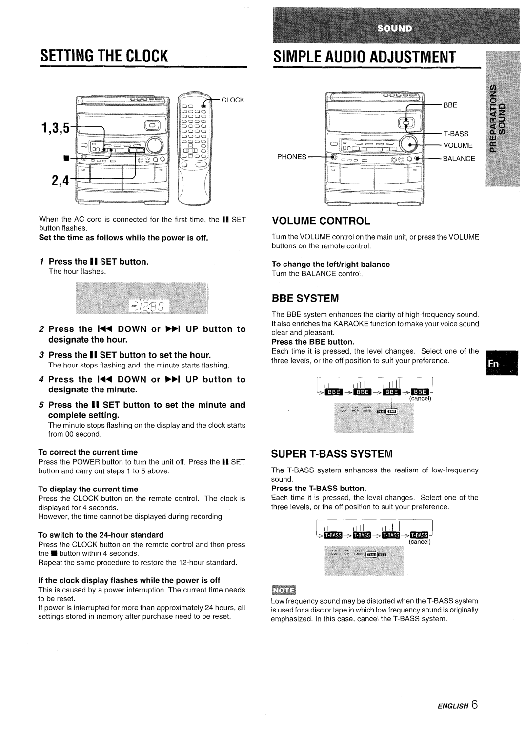 Aiwa NSX-AV800 manual Setting the Clock, Volume Control, BBE System, Super T-BASS System, Press the 11 SET button 