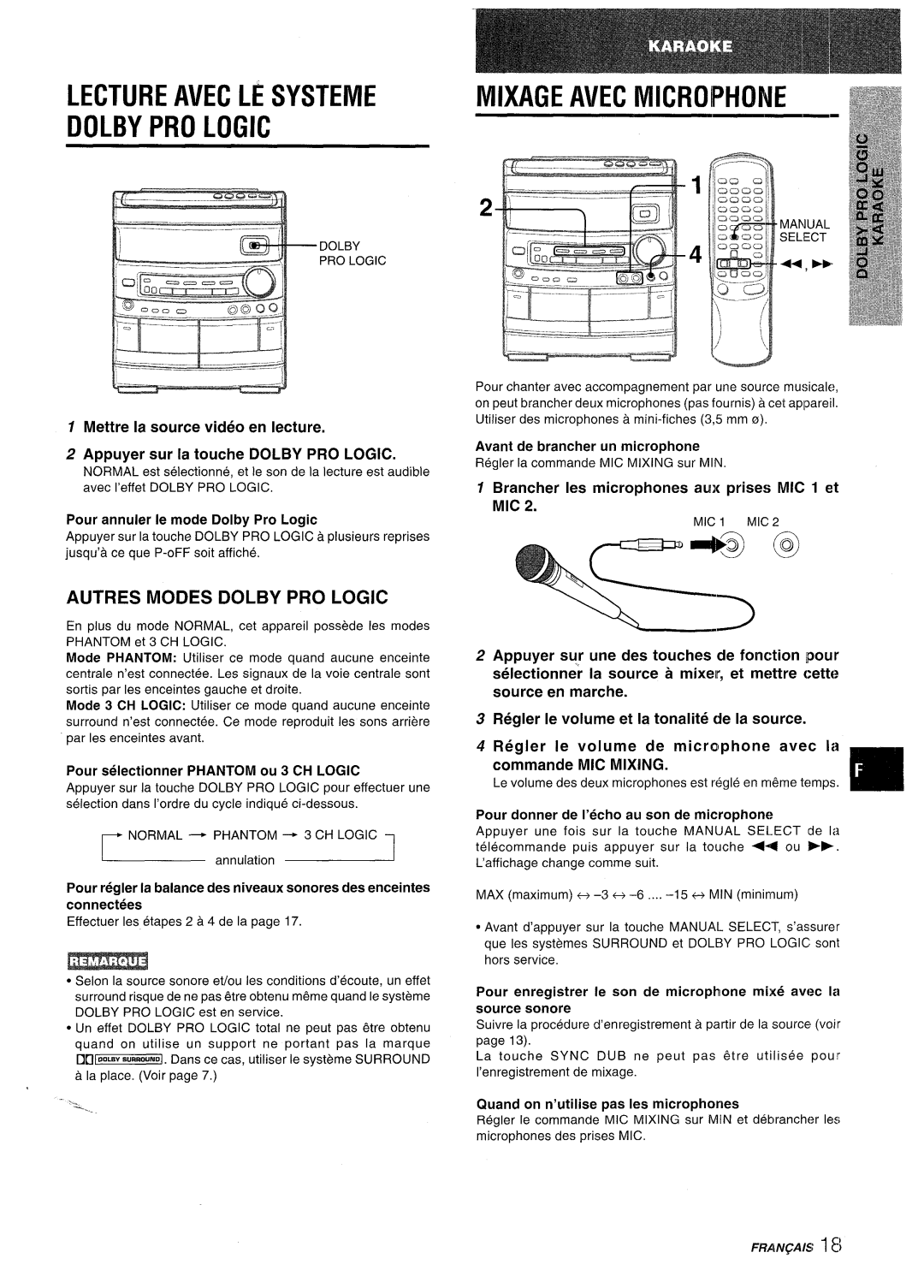 Aiwa NSX-AV800 Lecture Avec LE Systeme, Autres Modes Dolby PRO Logic, Brancher Ies microphones aux prises MIC 1 et 