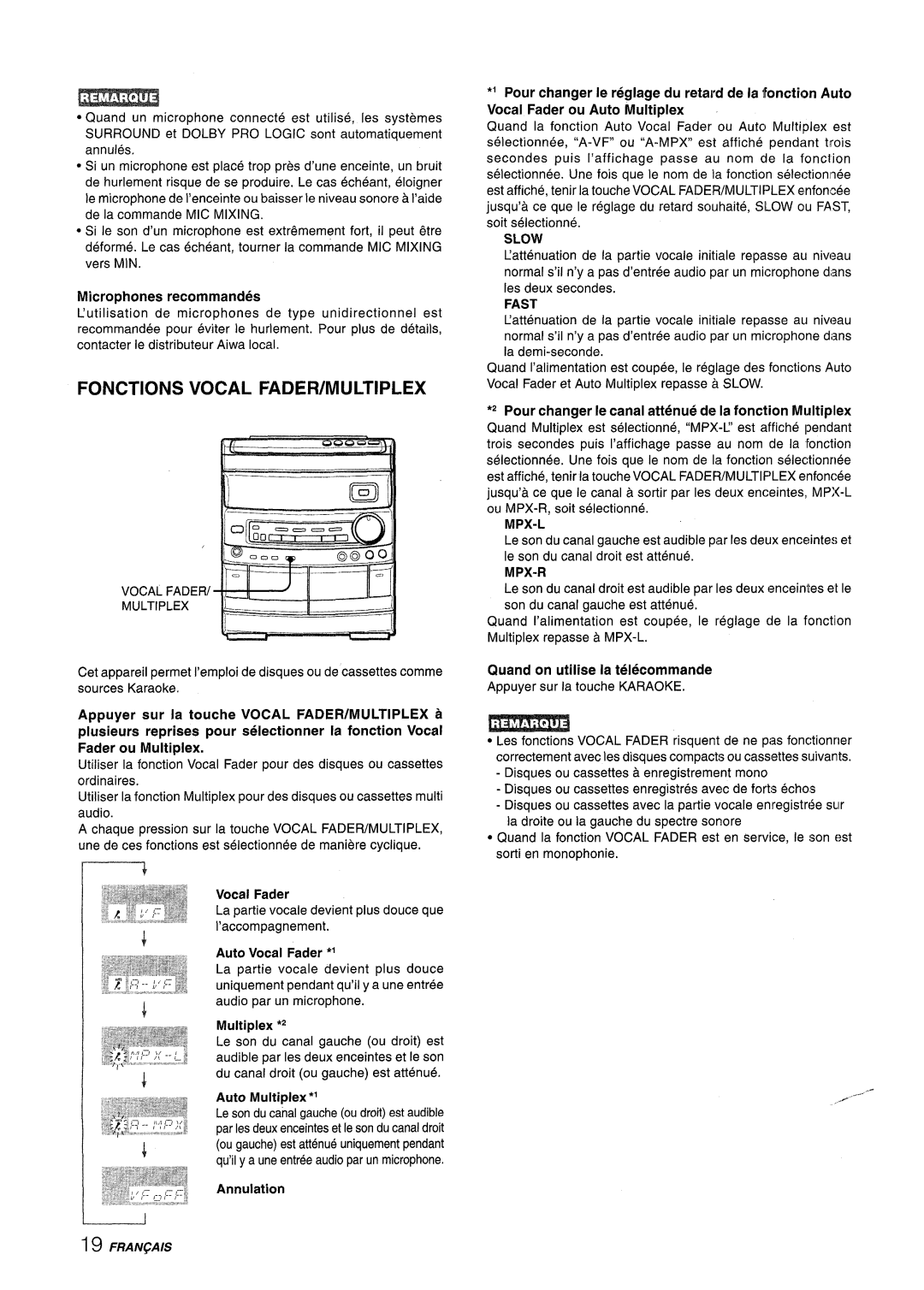 Aiwa NSX-AV800 manual Fonctions Vocal FADER/MULTIPLEX 