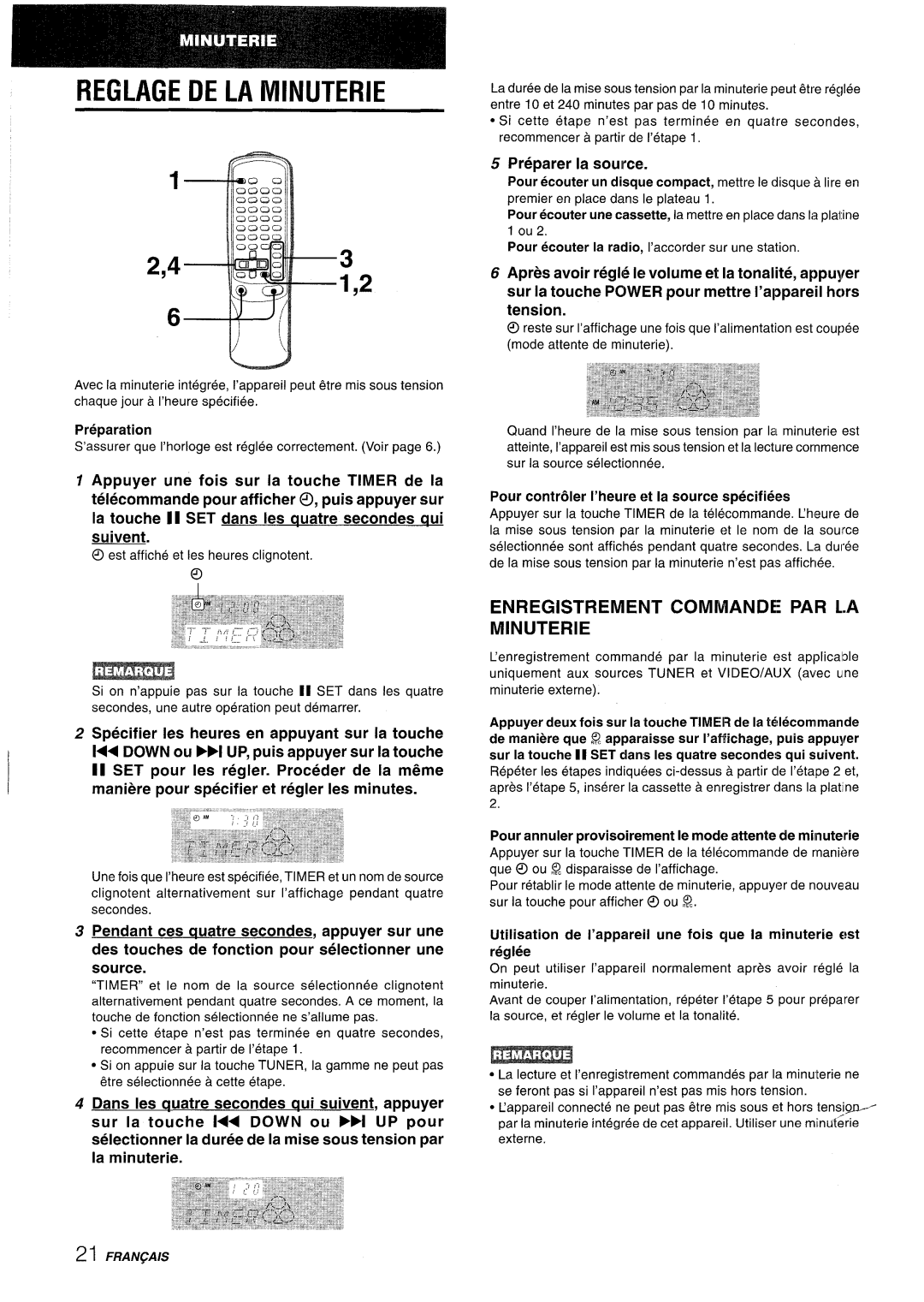 Aiwa NSX-AV800 manual Reglage DE LA Minuterie, Enregistrement Commande PAR L.A Minuterie, Preparer la source 