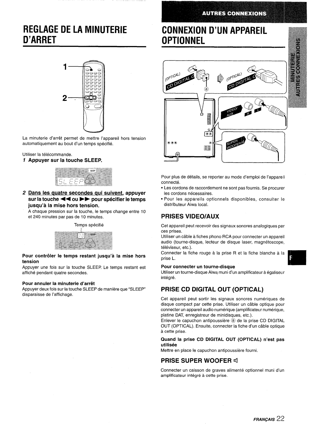 Aiwa NSX-AV800 Reglage DE LA Minuterie ’ARRET, Prises VIDEO/AUX, Prise CD Digital OUT Optical, Prise Super Woofer, Oi$l ~ 